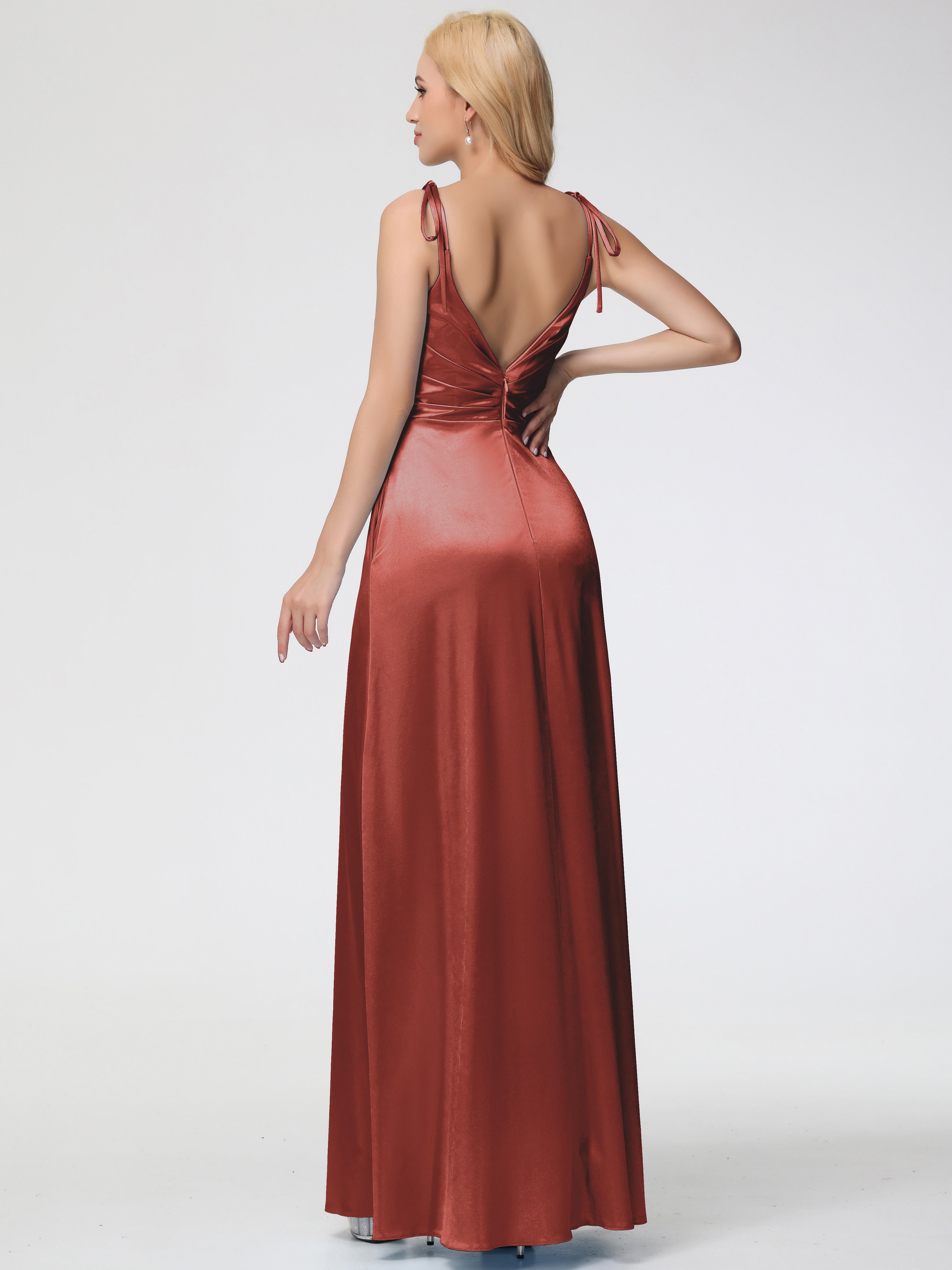 Robe De Demoiselle D'Honneur De Rouille Au Sol Col V Dos V Trapèze Fendue Satin Extensible Robe De Demoiselle D'Honneur Robe Plissé