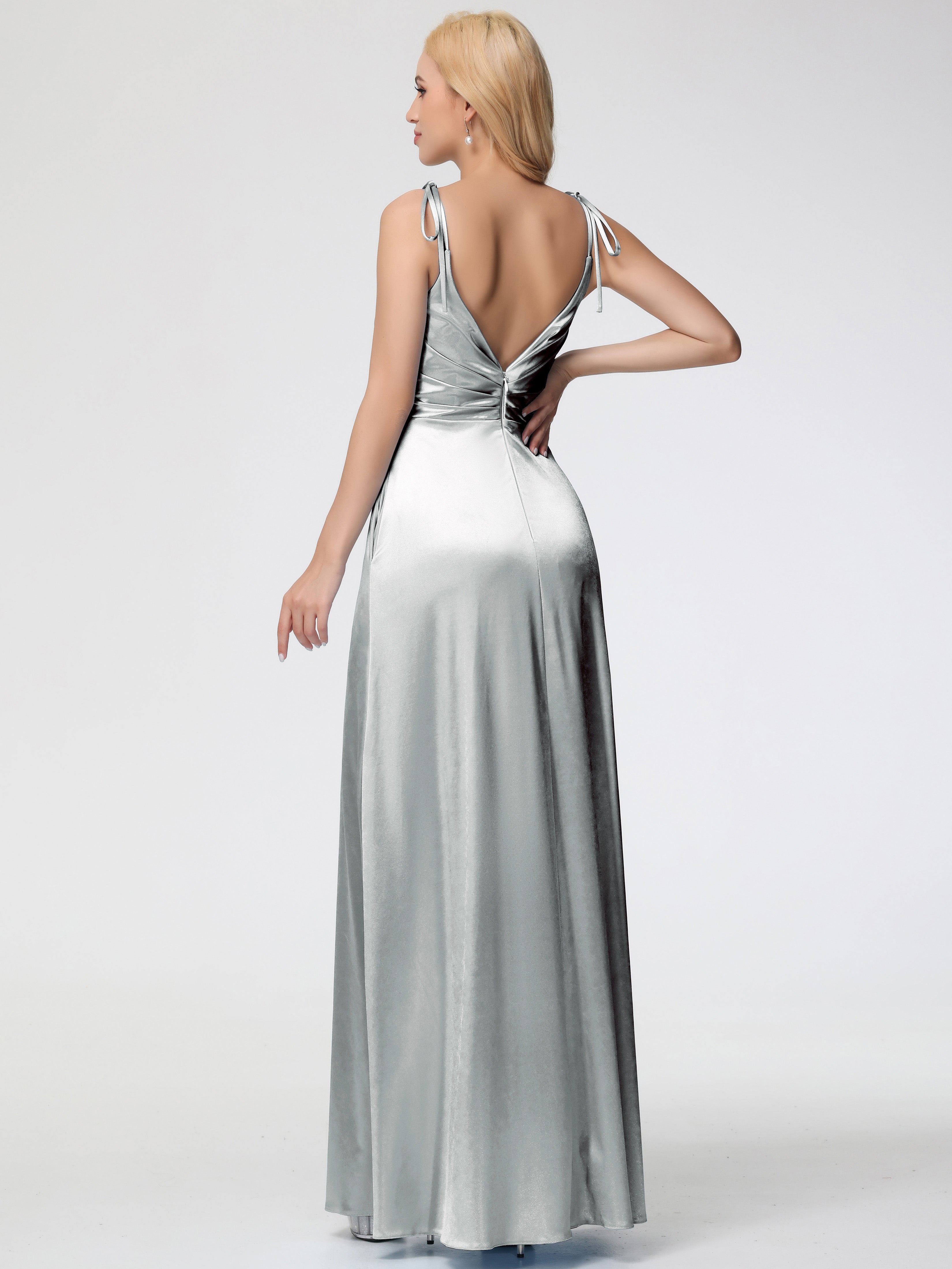 Robes De Demoiselle D'Honneur En Argent Col V Dos V Trapèze Fendue Satin Extensible Robe De Demoiselle D'Honneur Robe Plissé