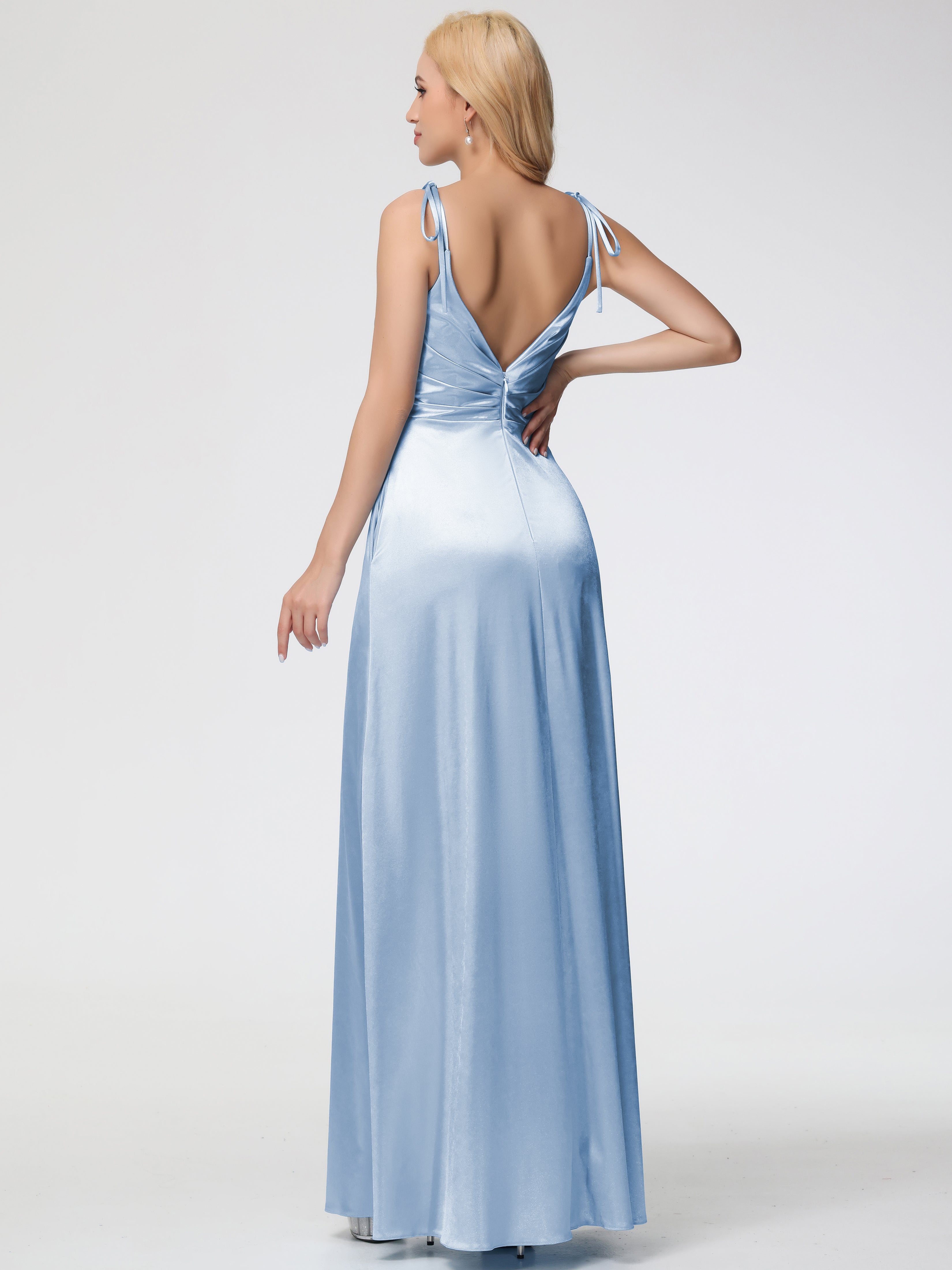 Robes De Demoiselle D'Honneur Bleu Ciel Col V Dos V Trapèze Fendue Satin Extensible Robe De Demoiselle D'Honneur Robe Plissé