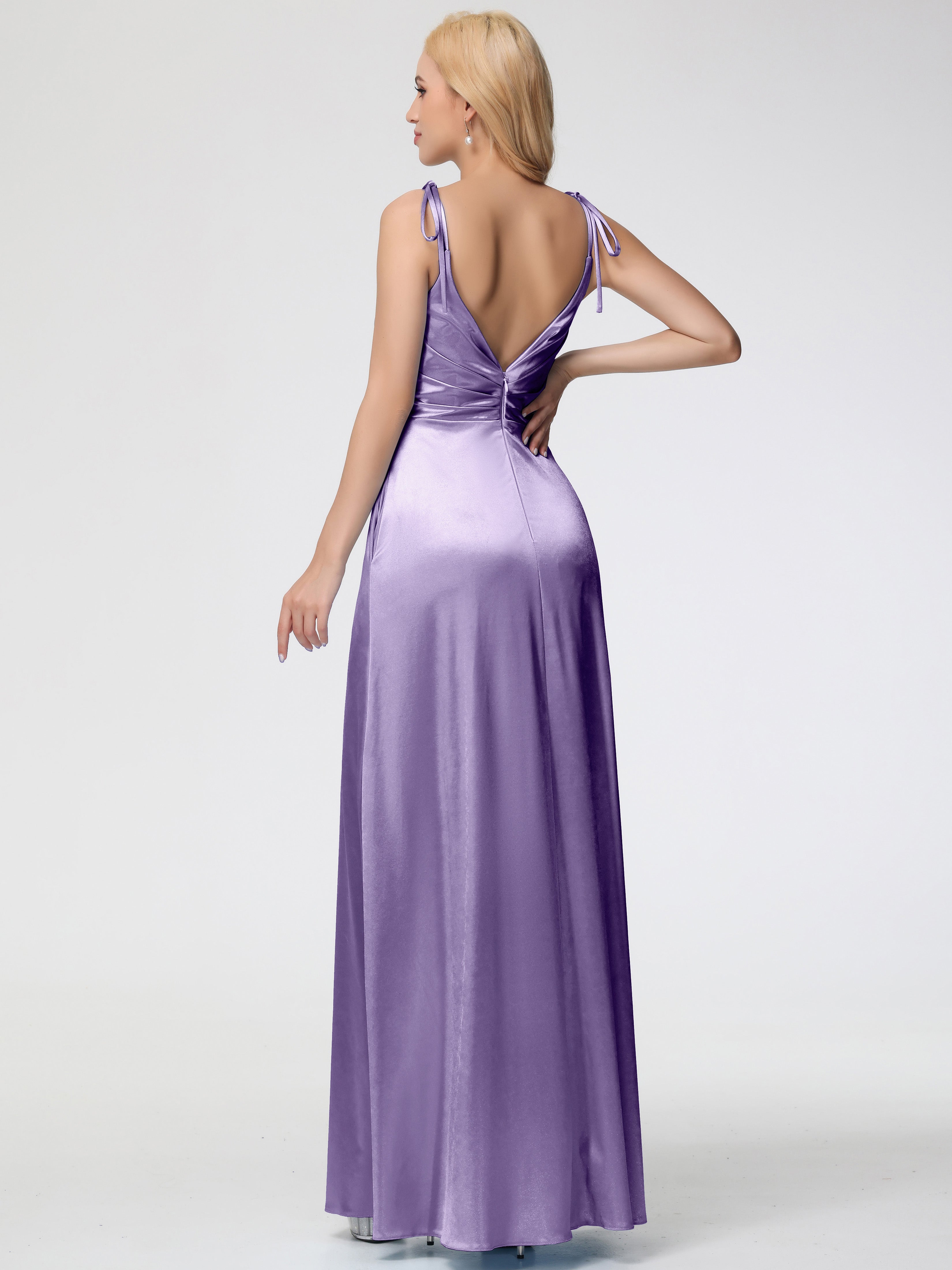 Robes De Demoiselle D'Honneur Tahiti Col V Dos V Trapèze Fendue Satin Extensible Robe De Demoiselle D'Honneur Robe Plissé