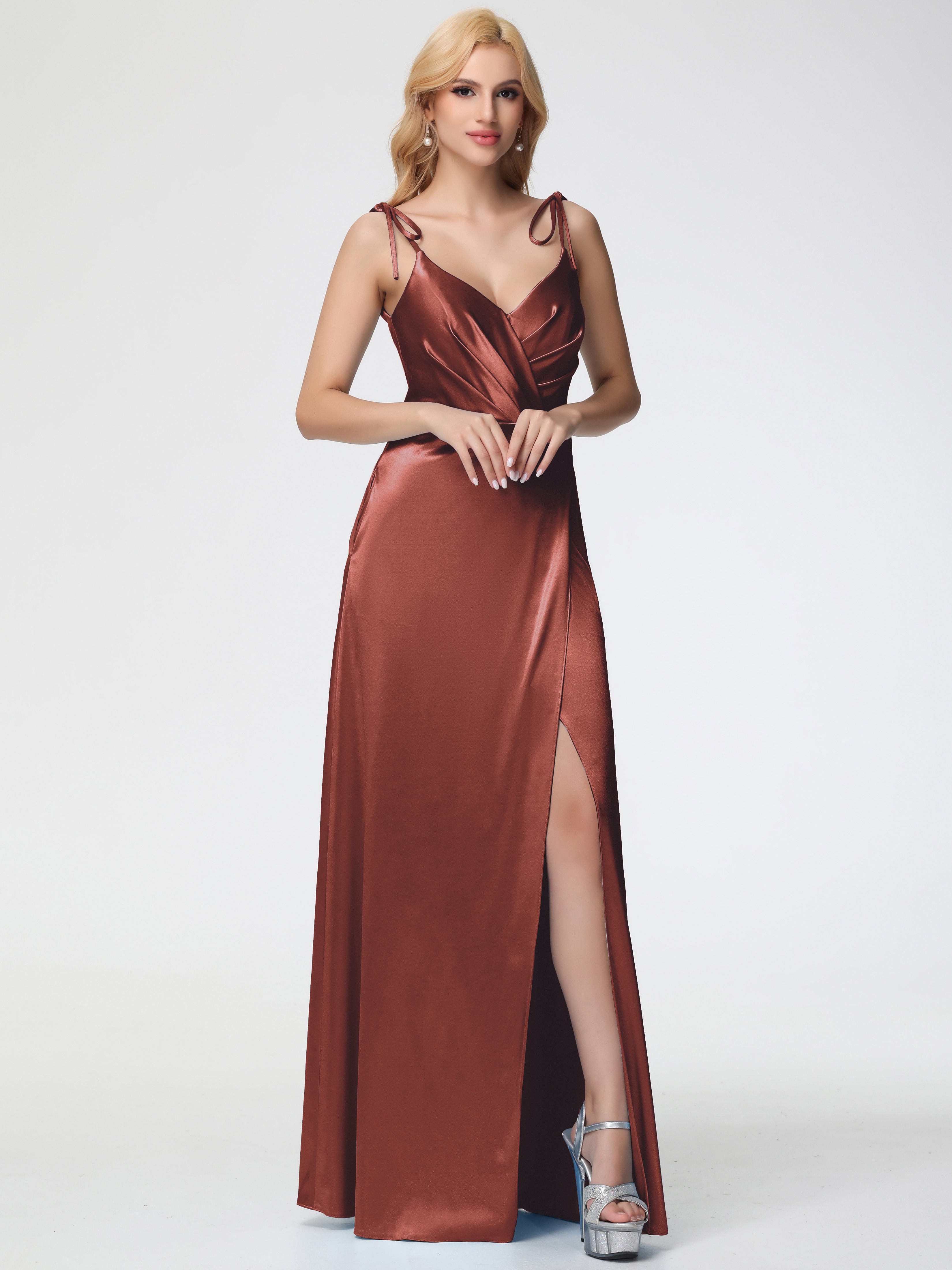 Robes De Demoiselle D'Honneur En Terre Cuite Col V Dos V Trapèze Fendue Satin Extensible Robe De Demoiselle D'Honneur Robe Plissé