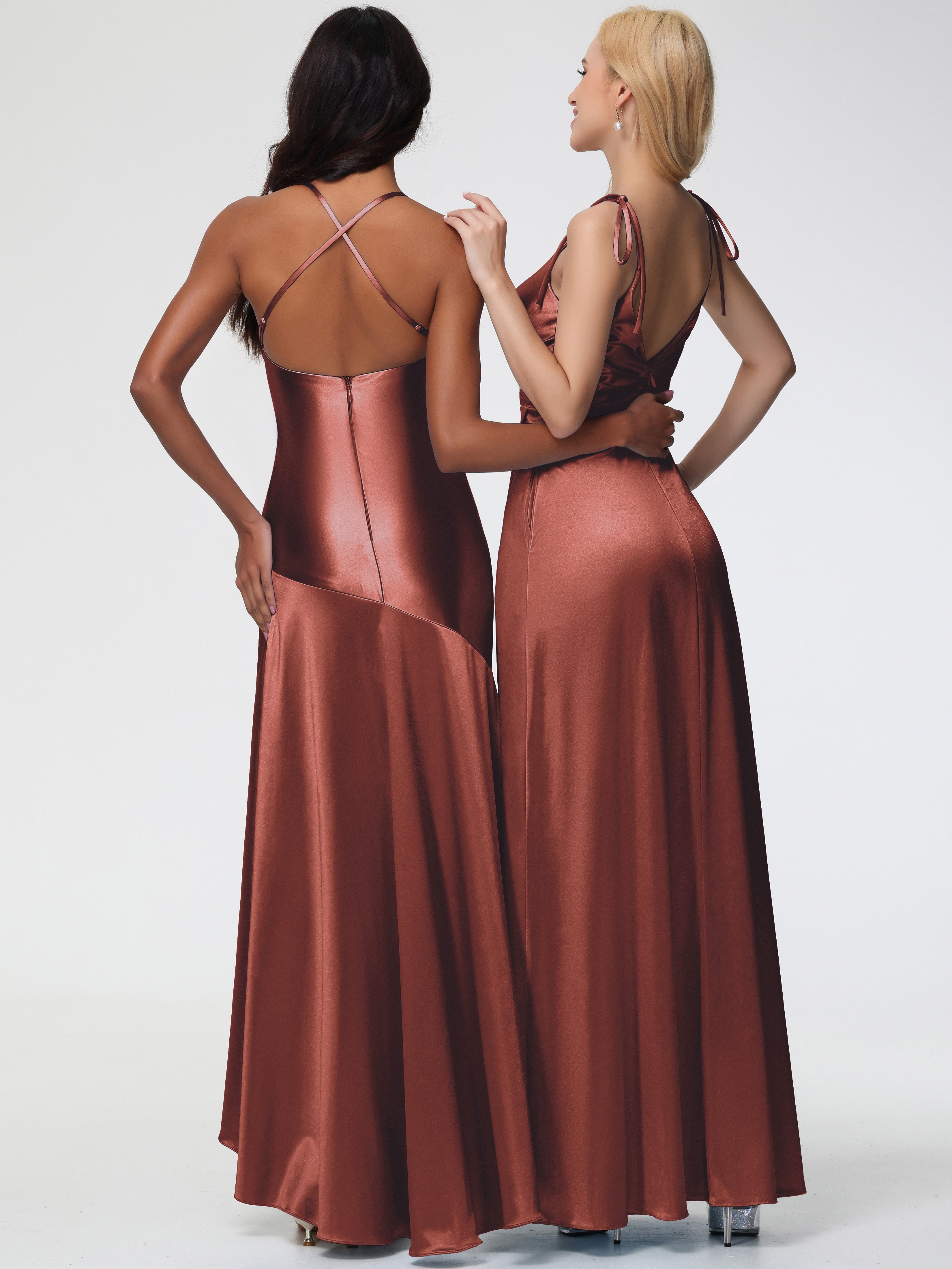 Robes De Demoiselle D'Honneur En Terre Cuite Col V Dos V Trapèze Fendue Satin Extensible Robe De Demoiselle D'Honneur Robe Plissé