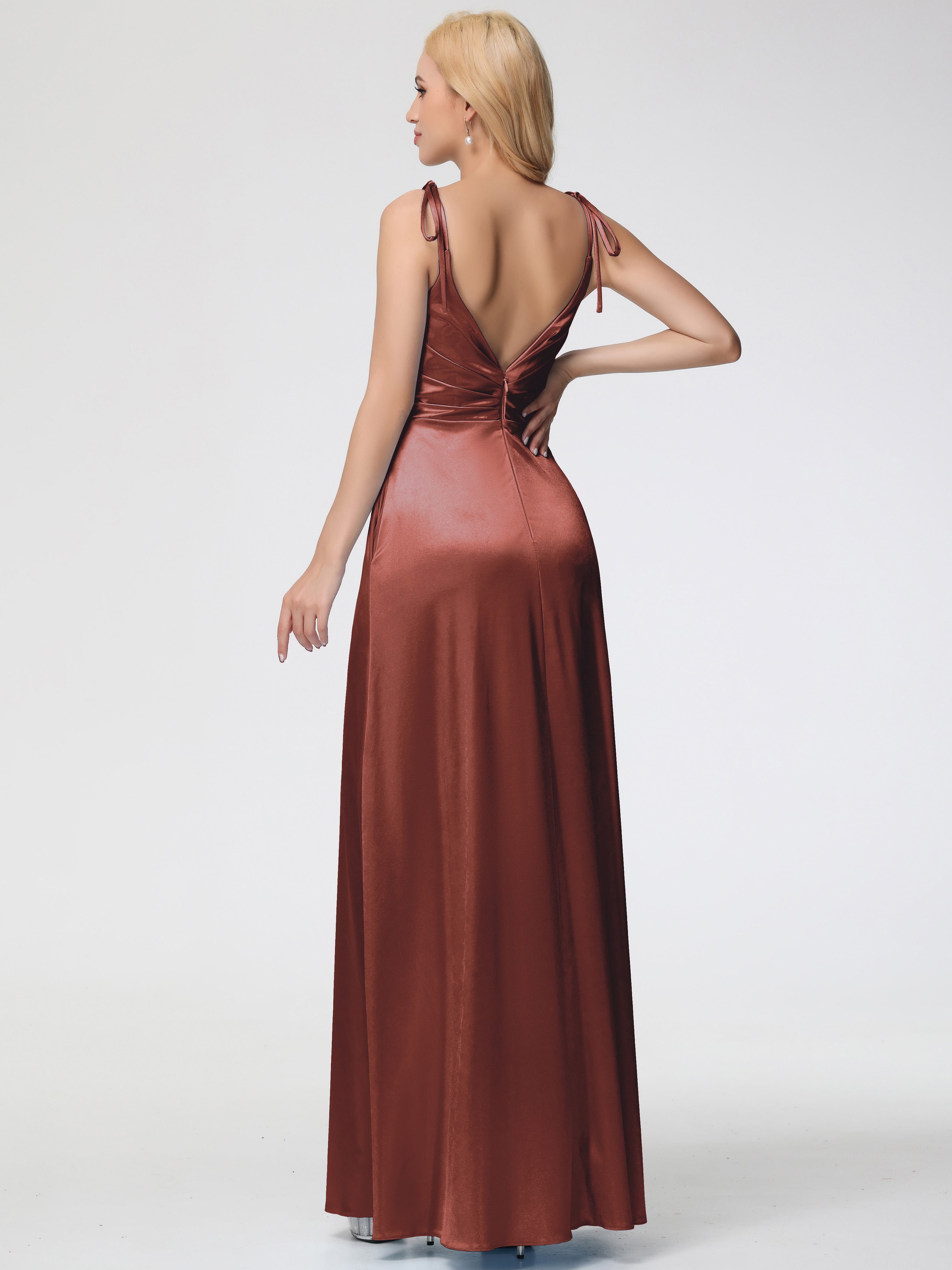 Robes De Demoiselle D'Honneur En Terre Cuite Col V Dos V Trapèze Fendue Satin Extensible Robe De Demoiselle D'Honneur Robe Plissé