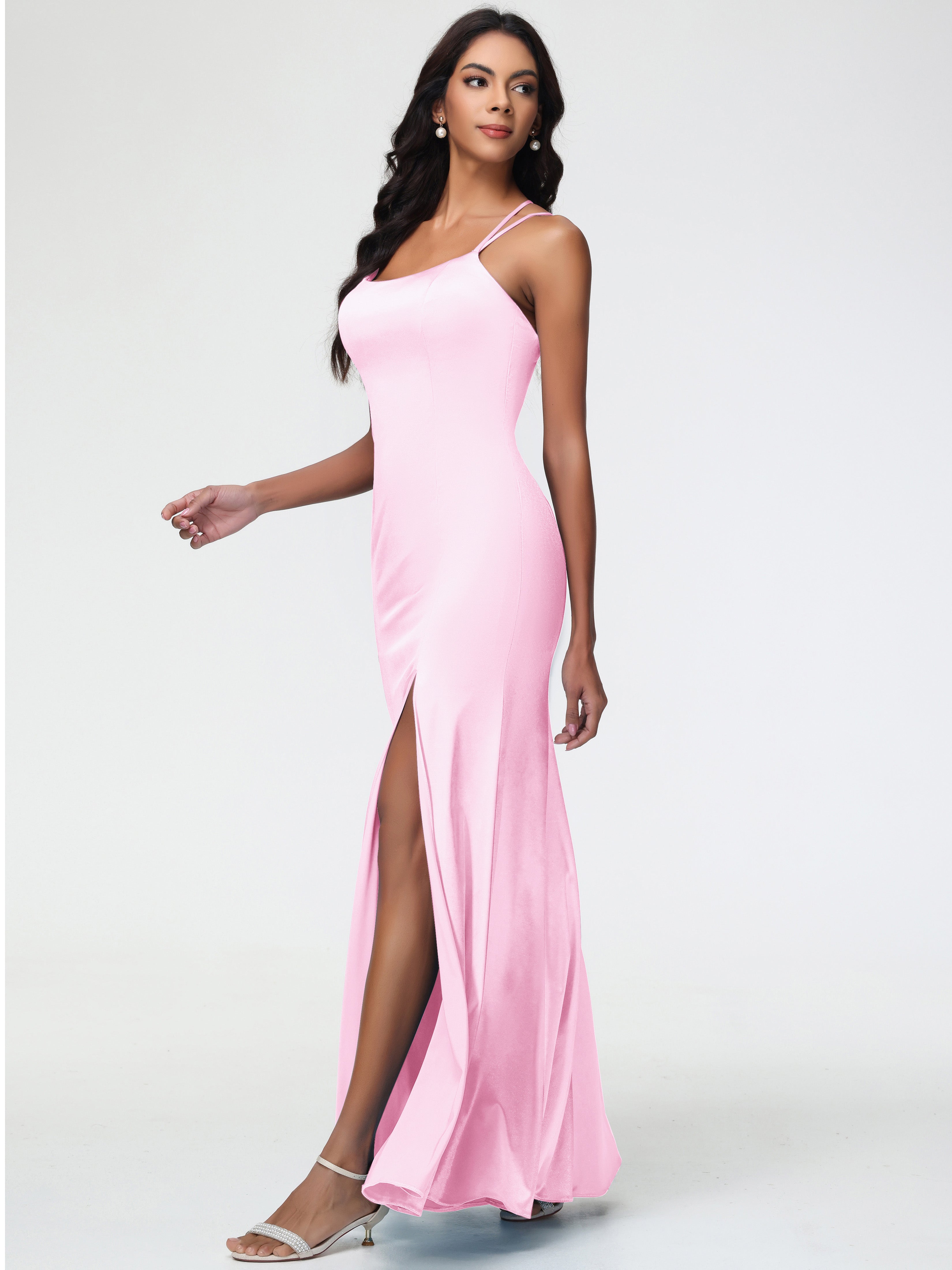 Robes Demoiselles D Honneur Rose Pale Col Bénitier Fendue Fourreau/Colonne Satin Extensible Robe De Demoiselle D'Honneur