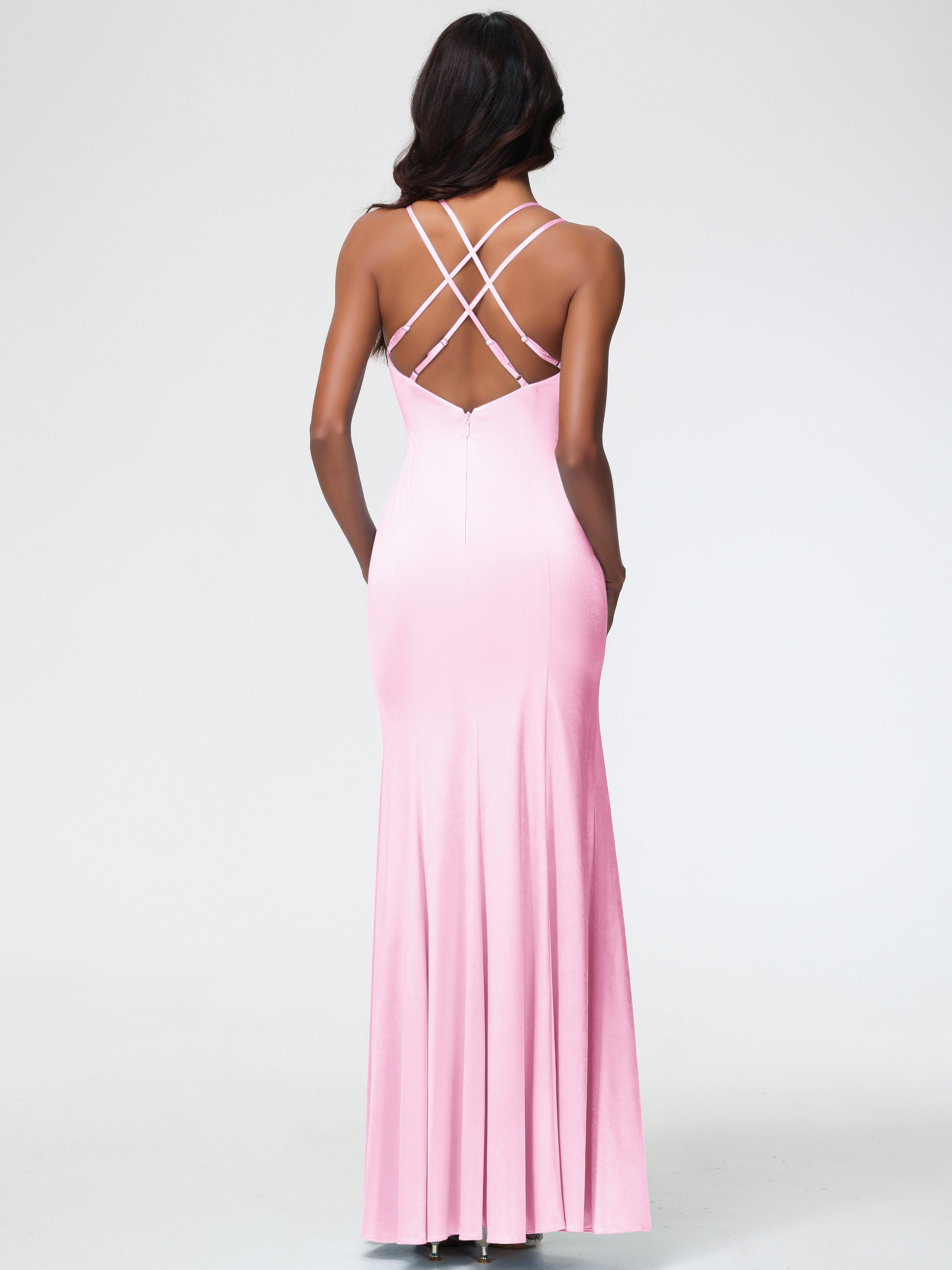 Robes Demoiselles D Honneur Rose Pale Col Bénitier Fendue Fourreau/Colonne Satin Extensible Robe De Demoiselle D'Honneur