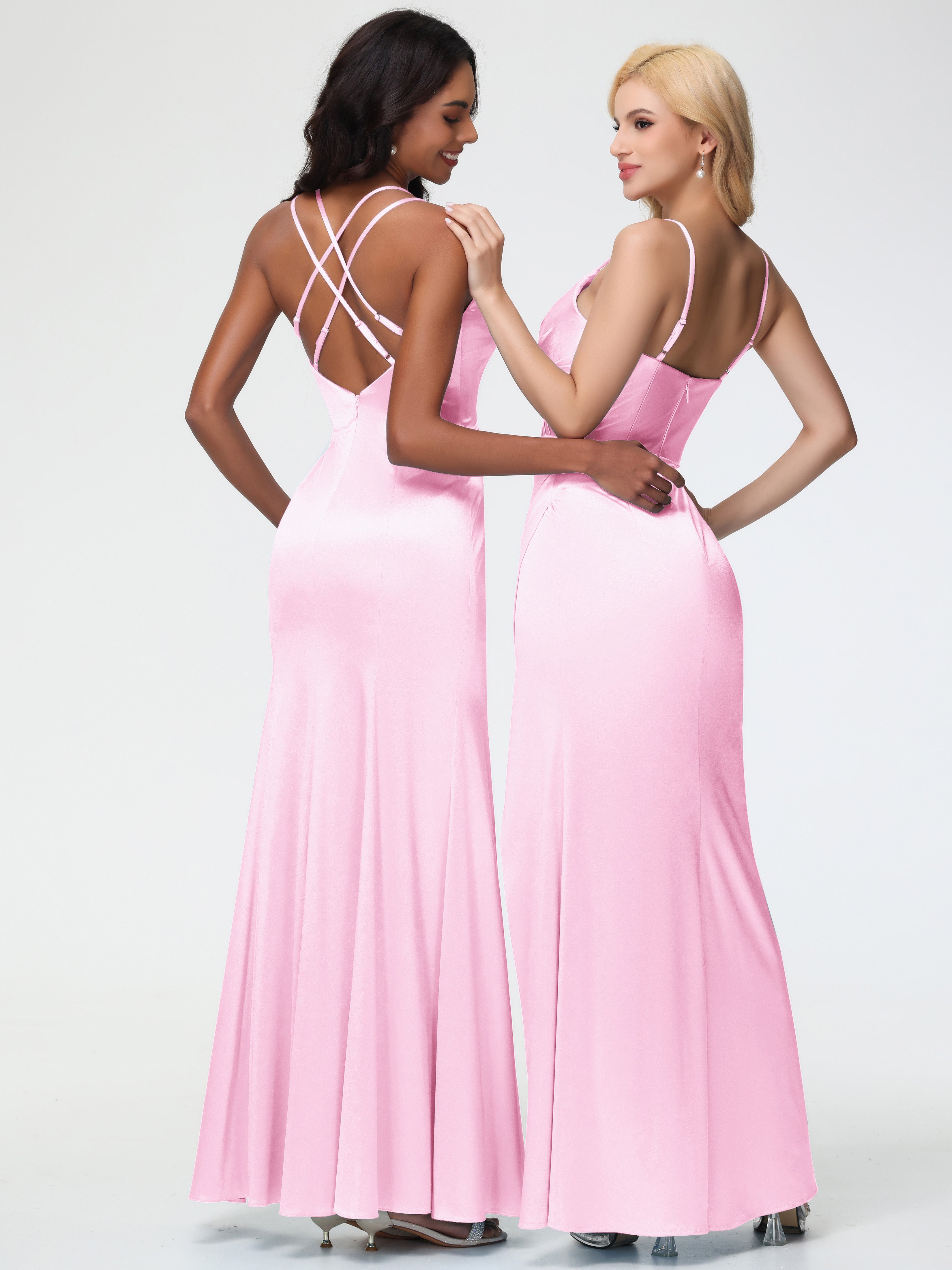 Robes Demoiselles D Honneur Rose Pale Col Bénitier Fendue Fourreau/Colonne Satin Extensible Robe De Demoiselle D'Honneur