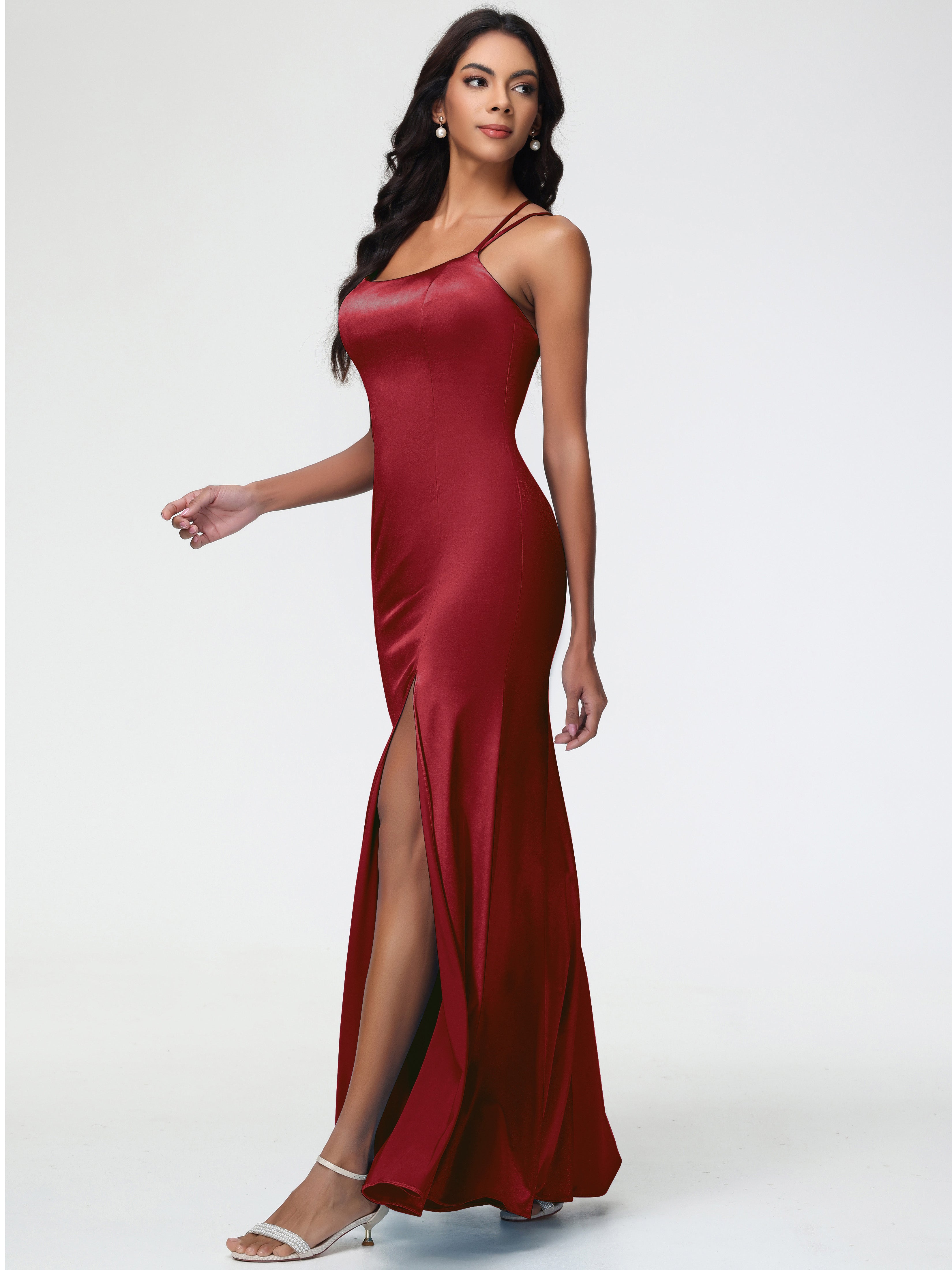 Robes Demoiselles D Honneur Bordeaux Col Bénitier Fendue Fourreau/Colonne Satin Extensible Robe De Demoiselle D'Honneur