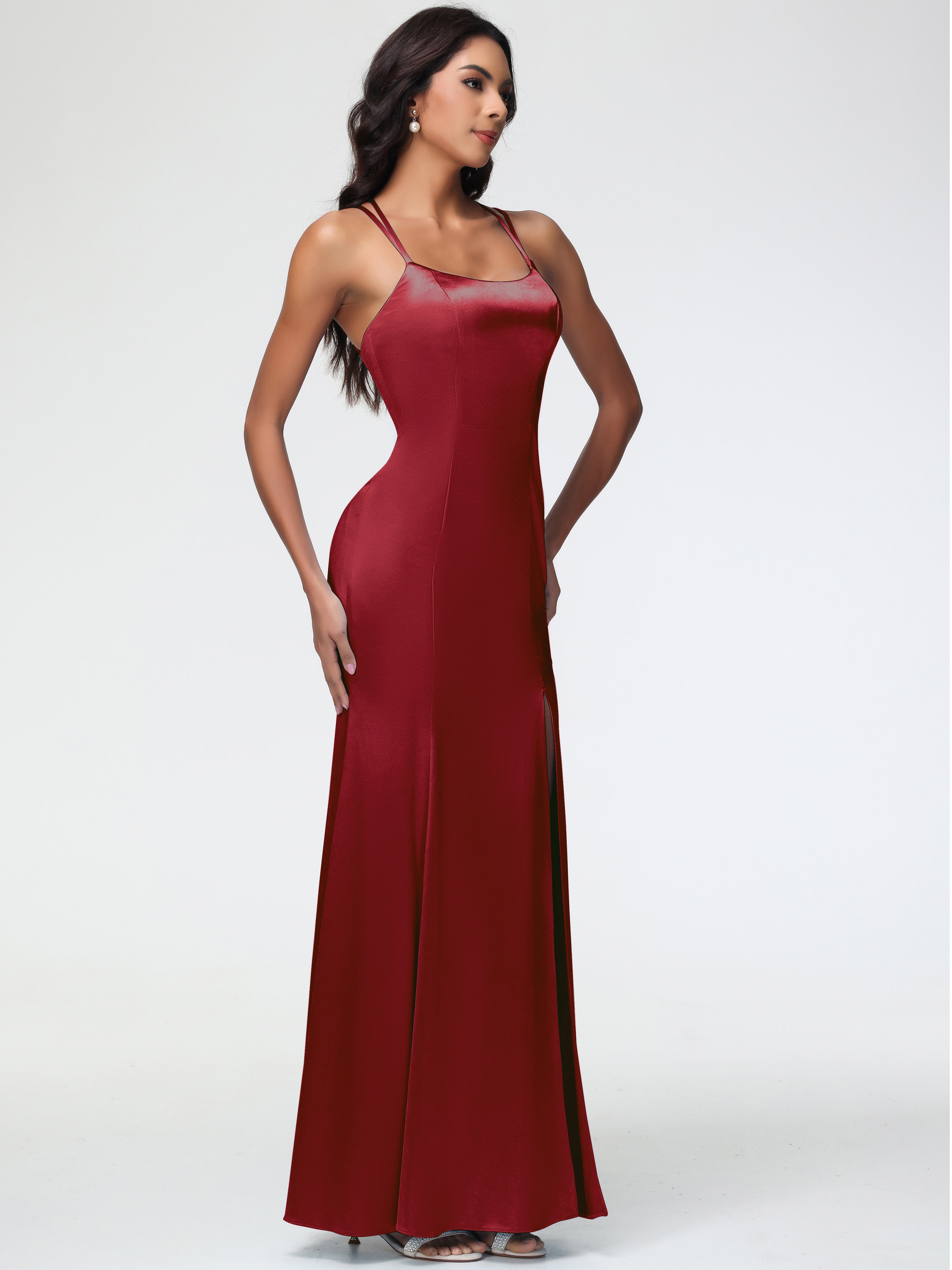 Robes Demoiselles D Honneur Bordeaux Col Bénitier Fendue Fourreau/Colonne Satin Extensible Robe De Demoiselle D'Honneur