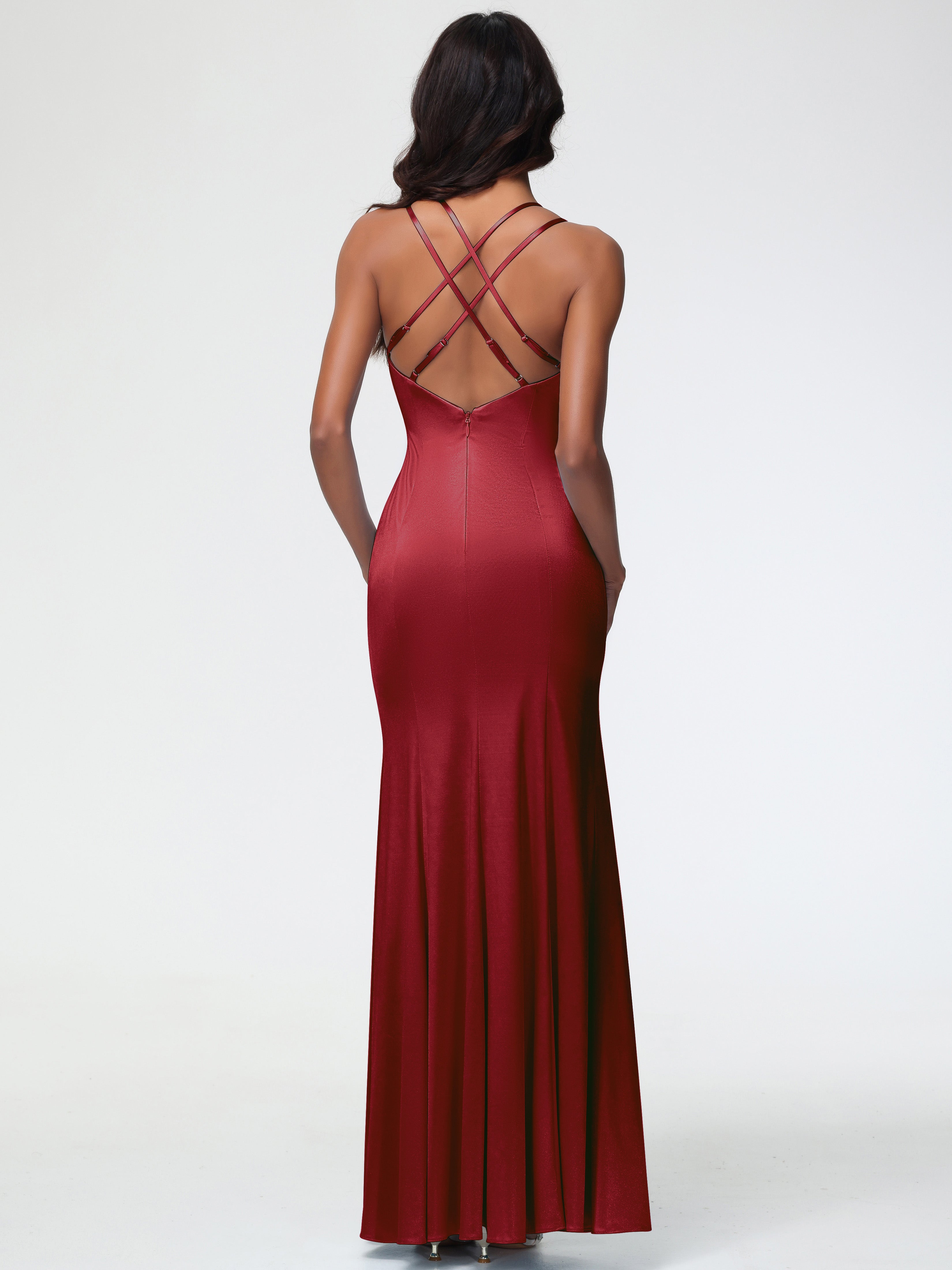 Robes Demoiselles D Honneur Bordeaux Col Bénitier Fendue Fourreau/Colonne Satin Extensible Robe De Demoiselle D'Honneur