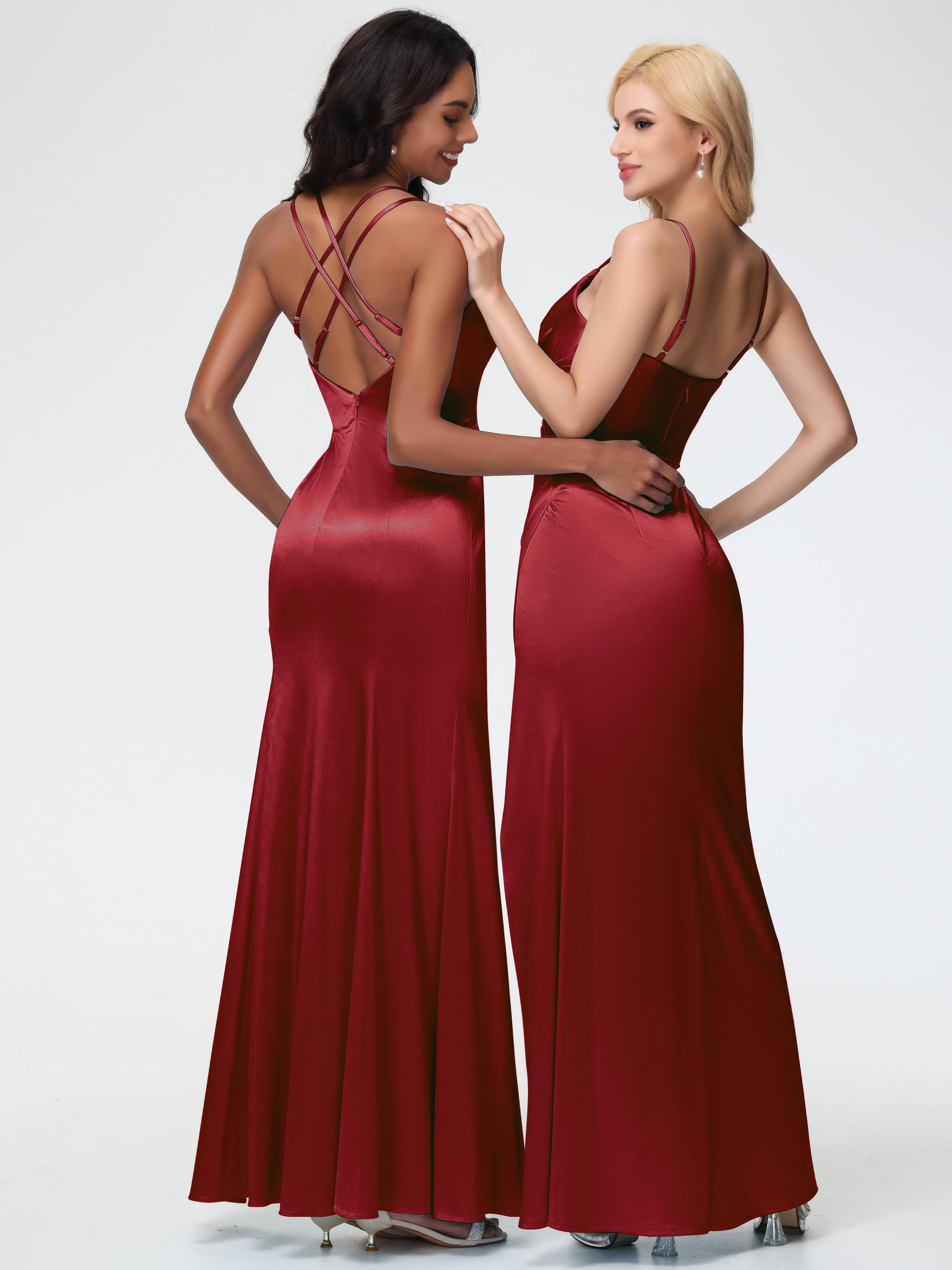 Robes Demoiselles D Honneur Bordeaux Col Bénitier Fendue Fourreau/Colonne Satin Extensible Robe De Demoiselle D'Honneur