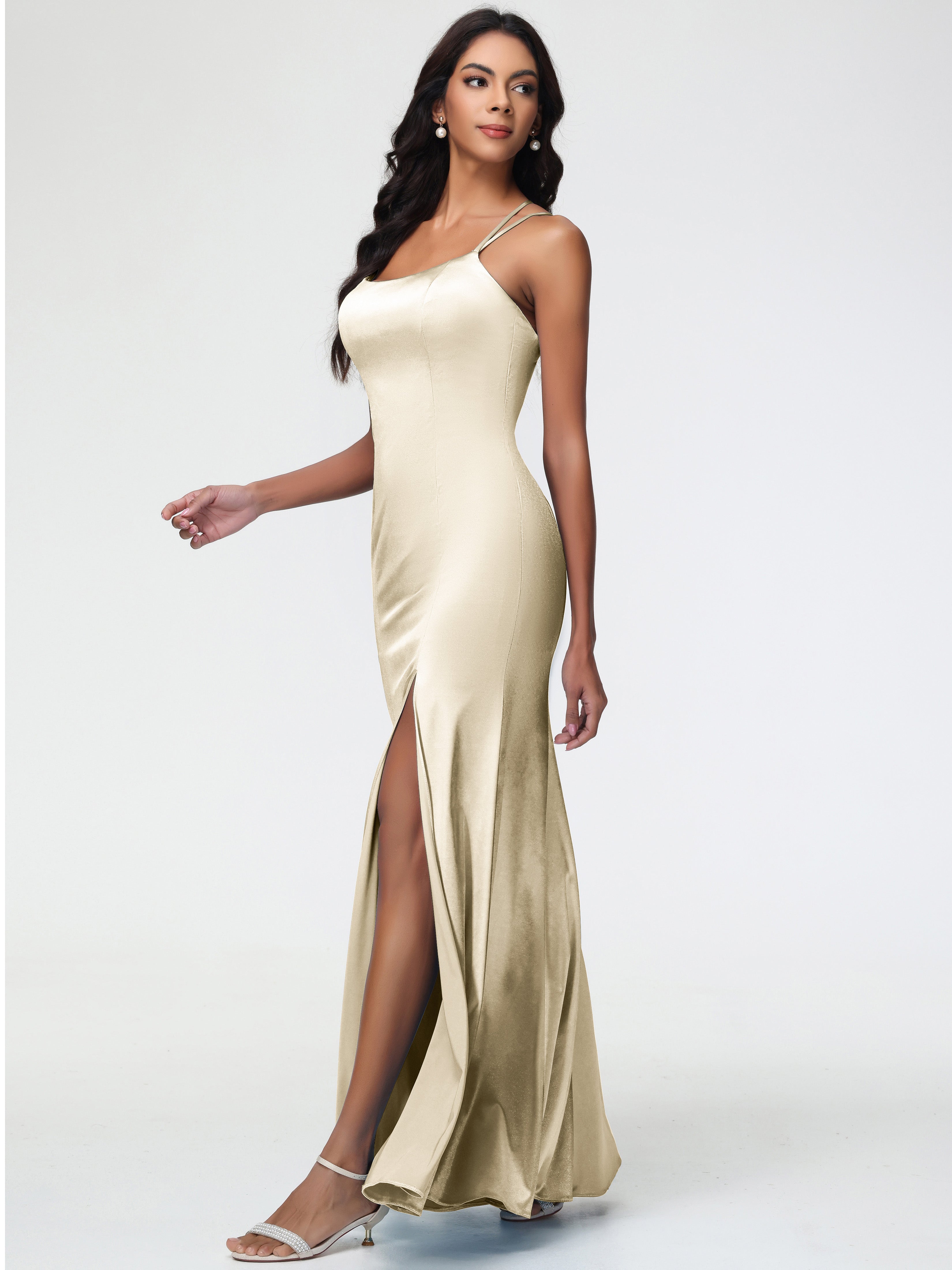 Robes Demoiselle D Honneur Champagne Col Bénitier Fendue Fourreau/Colonne Satin Extensible Robe De Demoiselle D'Honneur