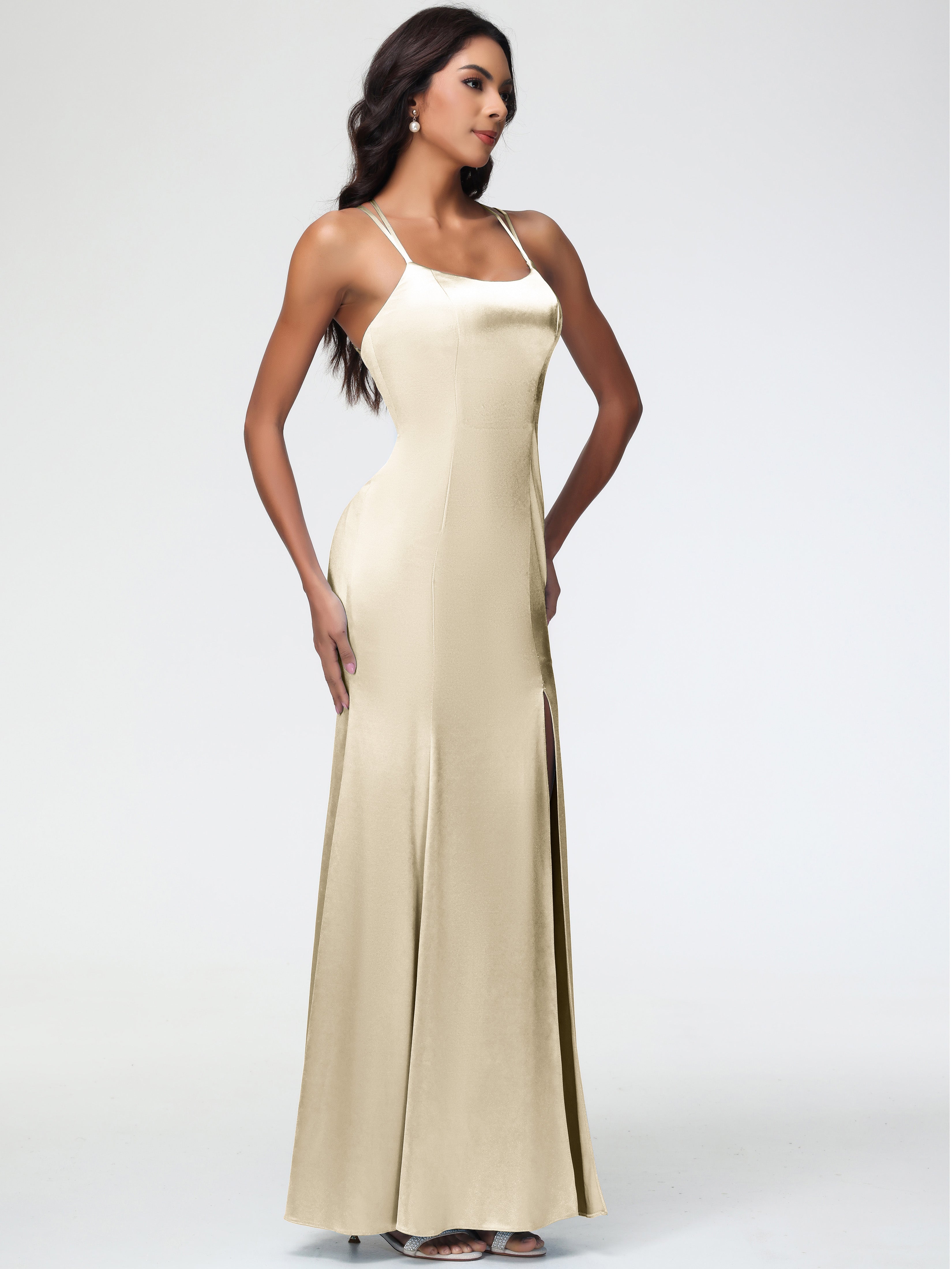 Robes Demoiselle D Honneur Champagne Col Bénitier Fendue Fourreau/Colonne Satin Extensible Robe De Demoiselle D'Honneur