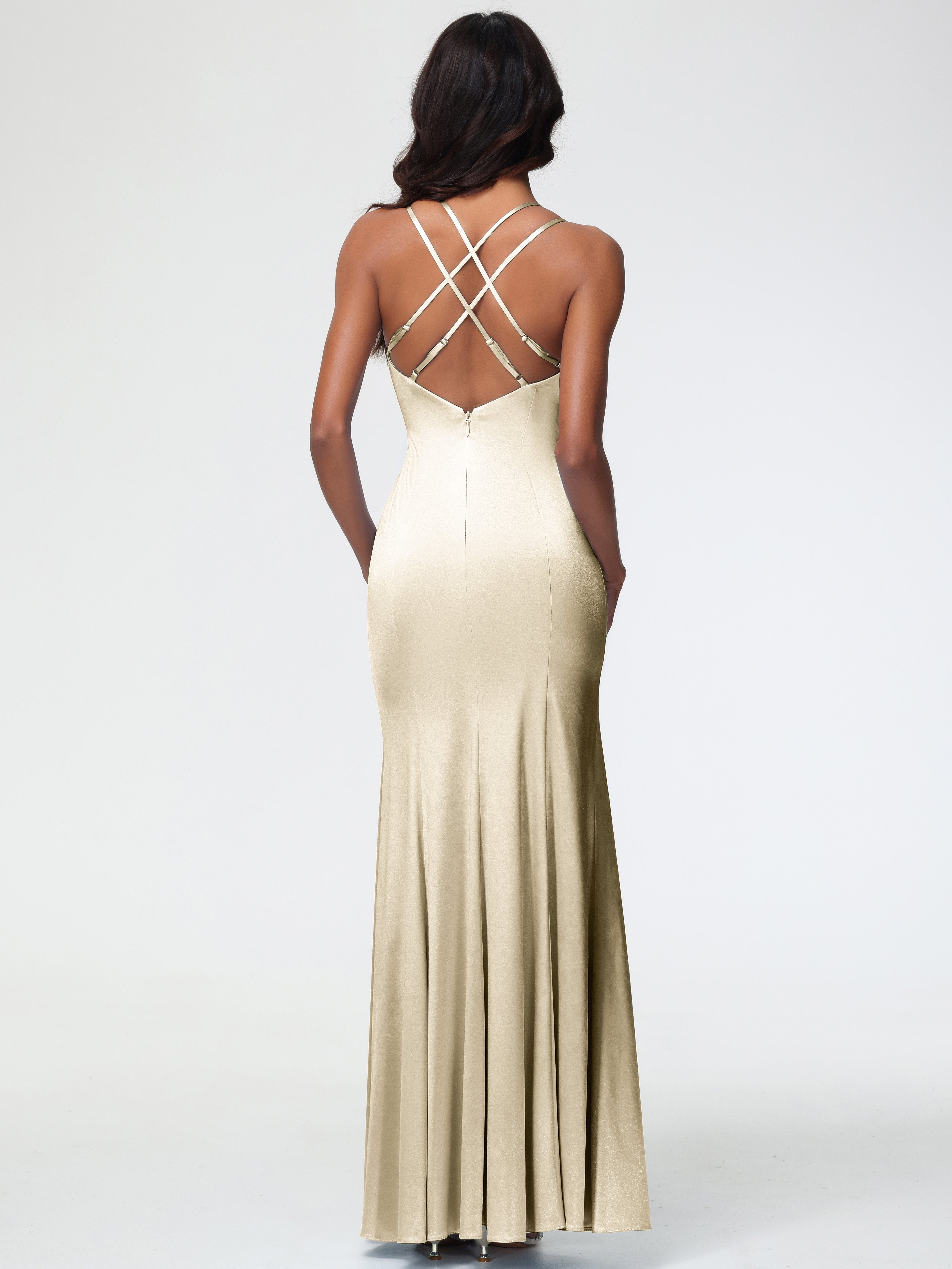 Robes Demoiselle D Honneur Champagne Col Bénitier Fendue Fourreau/Colonne Satin Extensible Robe De Demoiselle D'Honneur