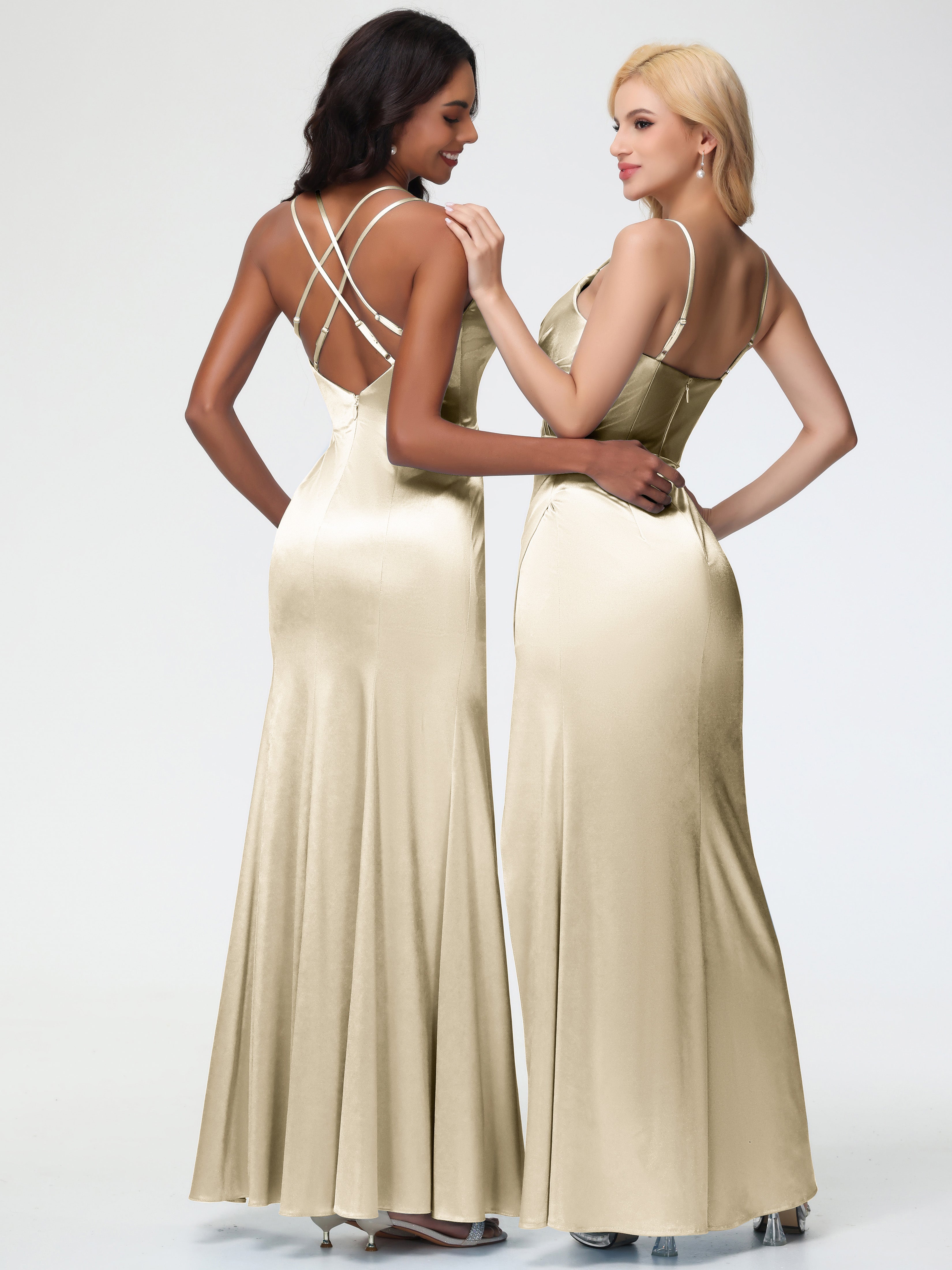 Robes Demoiselle D Honneur Champagne Col Bénitier Fendue Fourreau/Colonne Satin Extensible Robe De Demoiselle D'Honneur