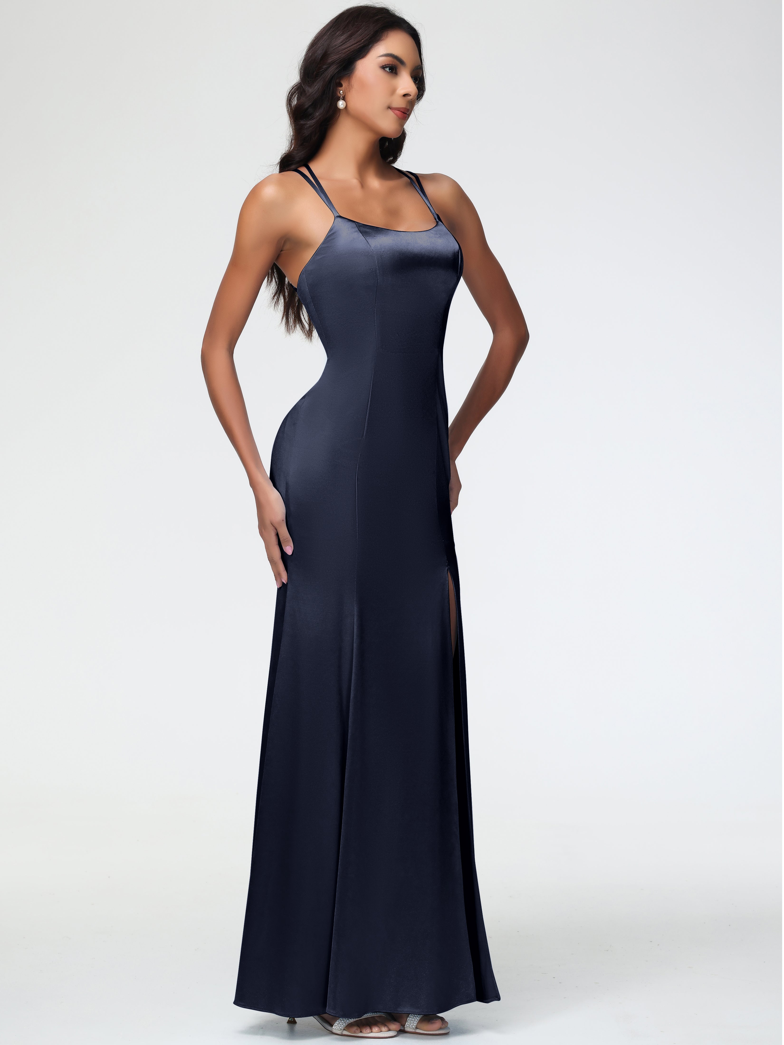 Robes Demoiselle D Honneur Bleu Marine Col Bénitier Fendue Fourreau/Colonne Satin Extensible Robe De Demoiselle D'Honneur