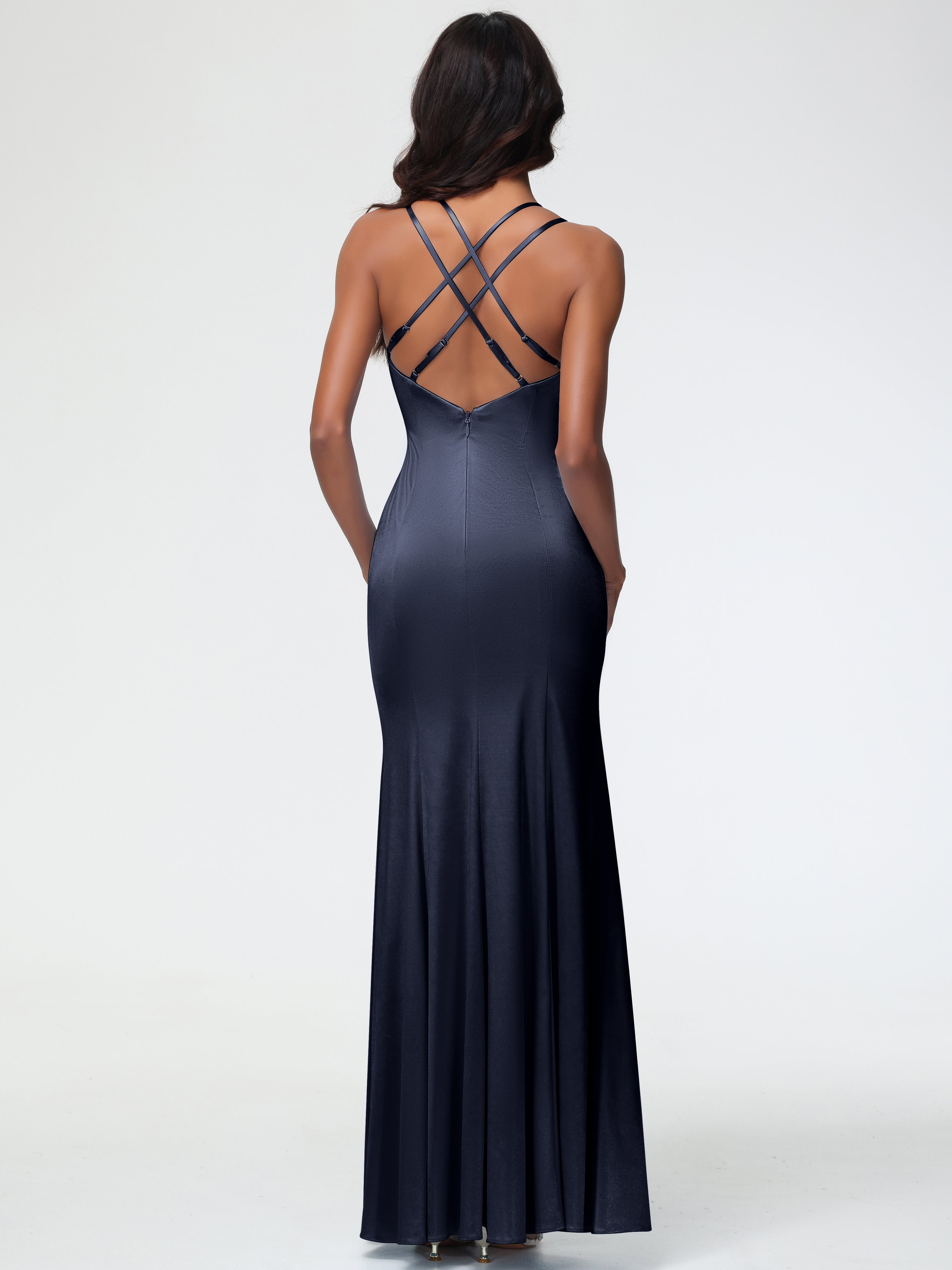 Robes Demoiselle D Honneur Bleu Marine Col Bénitier Fendue Fourreau/Colonne Satin Extensible Robe De Demoiselle D'Honneur