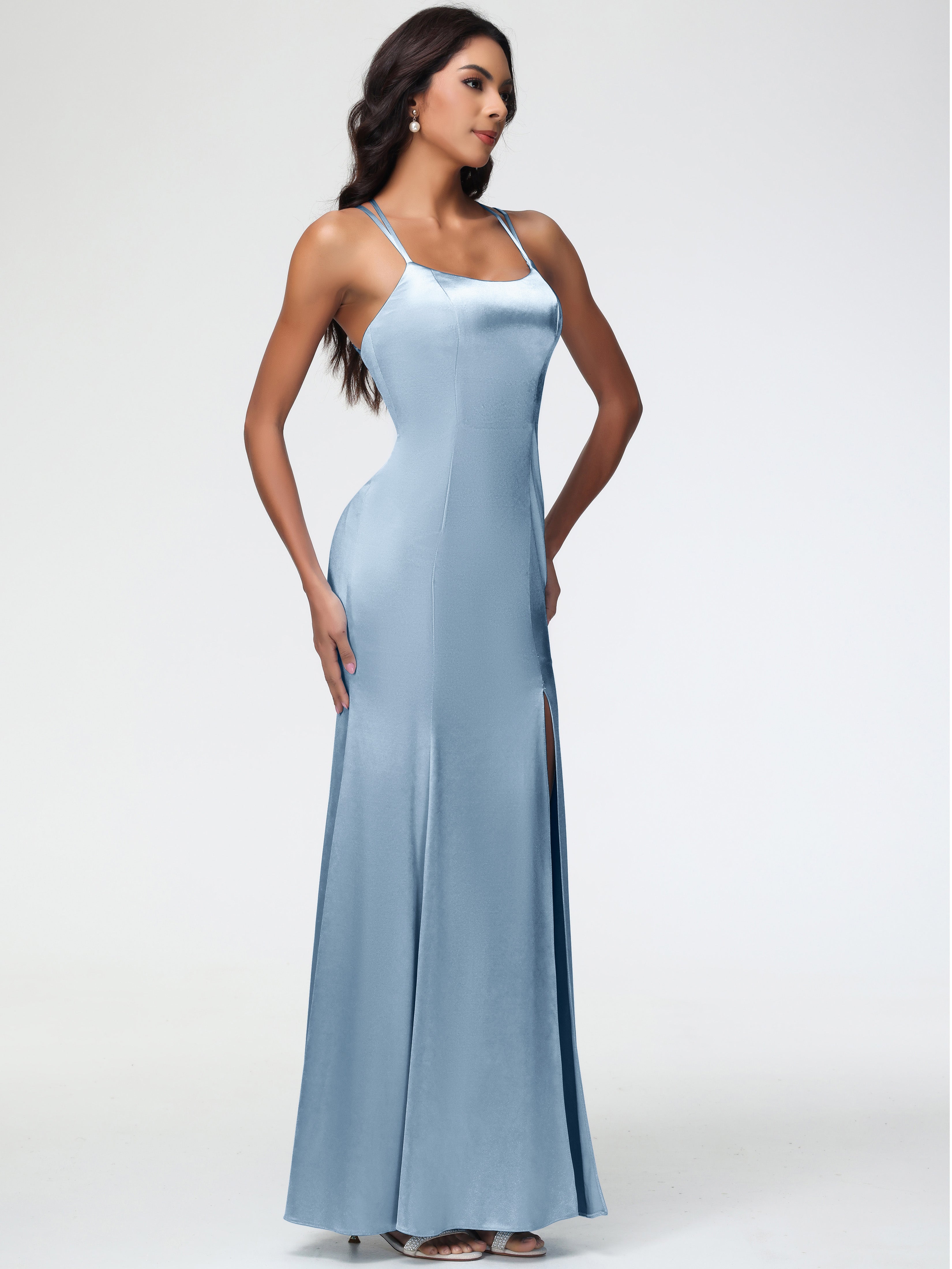 Robes De Demoiselle D'Honneur Bleu Poudre Col Bénitier Fendue Fourreau/Colonne Satin Extensible Robe De Demoiselle D'Honneur