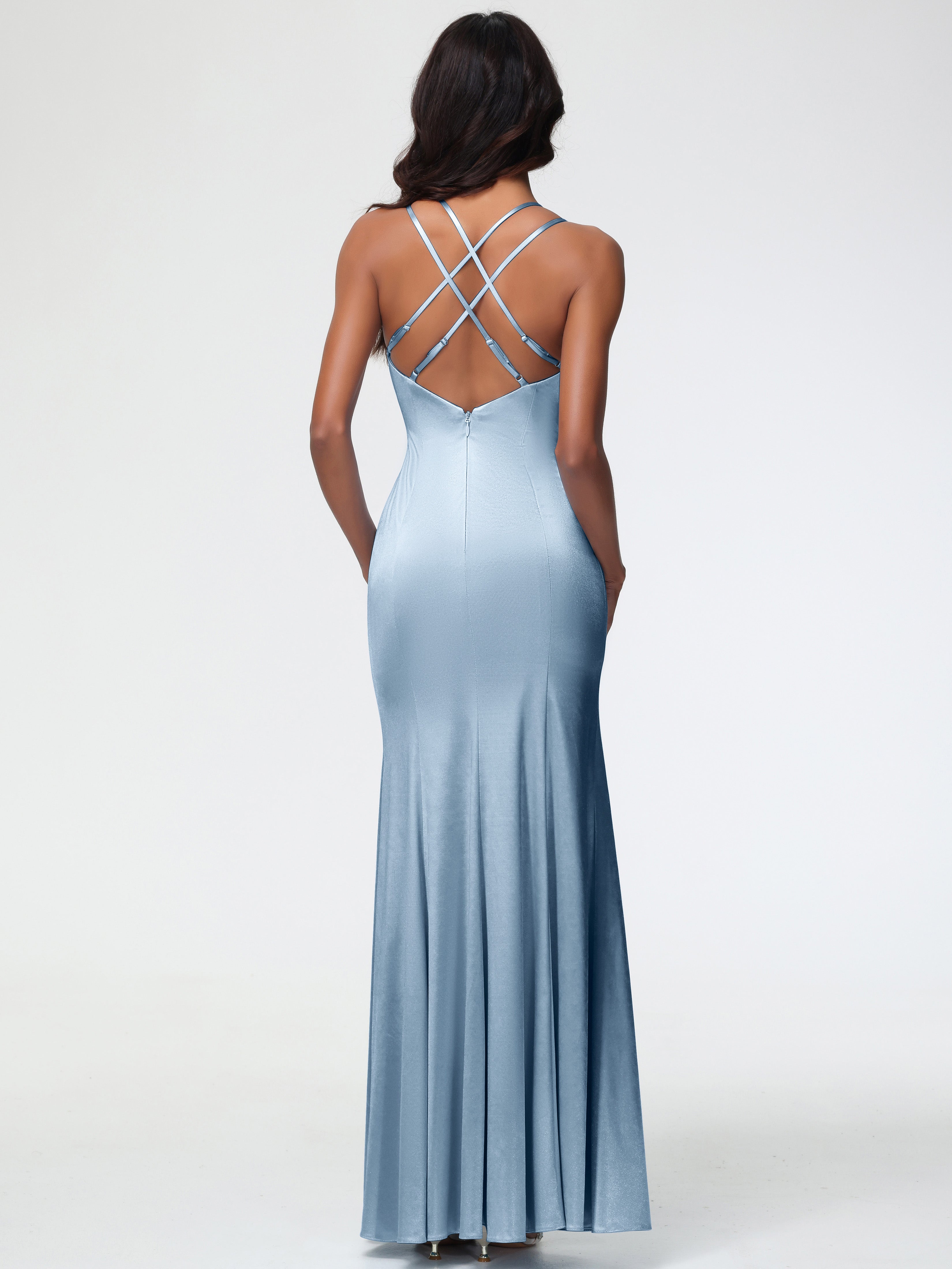 Robes De Demoiselle D'Honneur Bleu Poudre Col Bénitier Fendue Fourreau/Colonne Satin Extensible Robe De Demoiselle D'Honneur