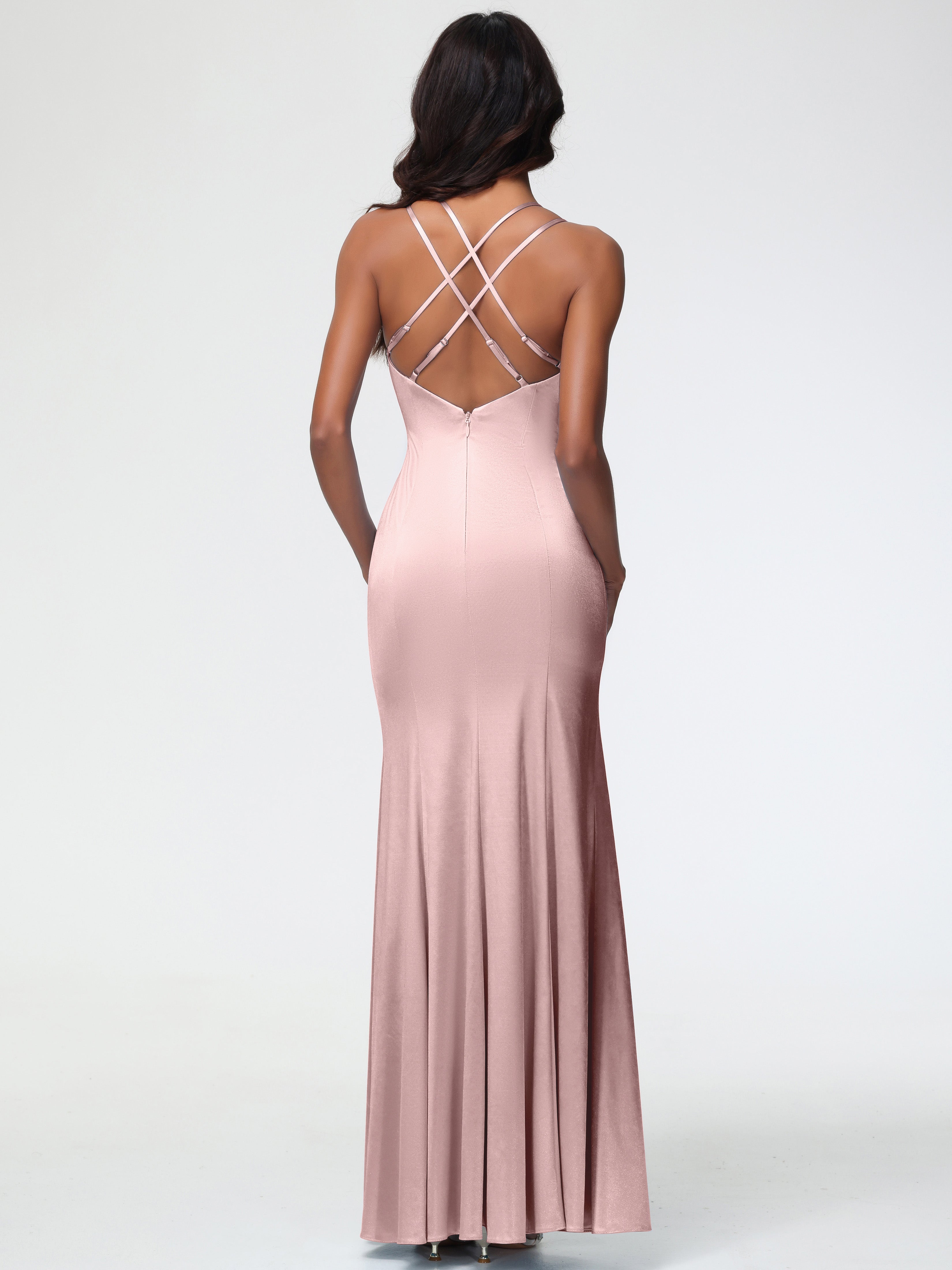 Demoiselle D Honneur Rose Poudré Col Bénitier Fendue Fourreau/Colonne Satin Extensible Robe De Demoiselle D'Honneur