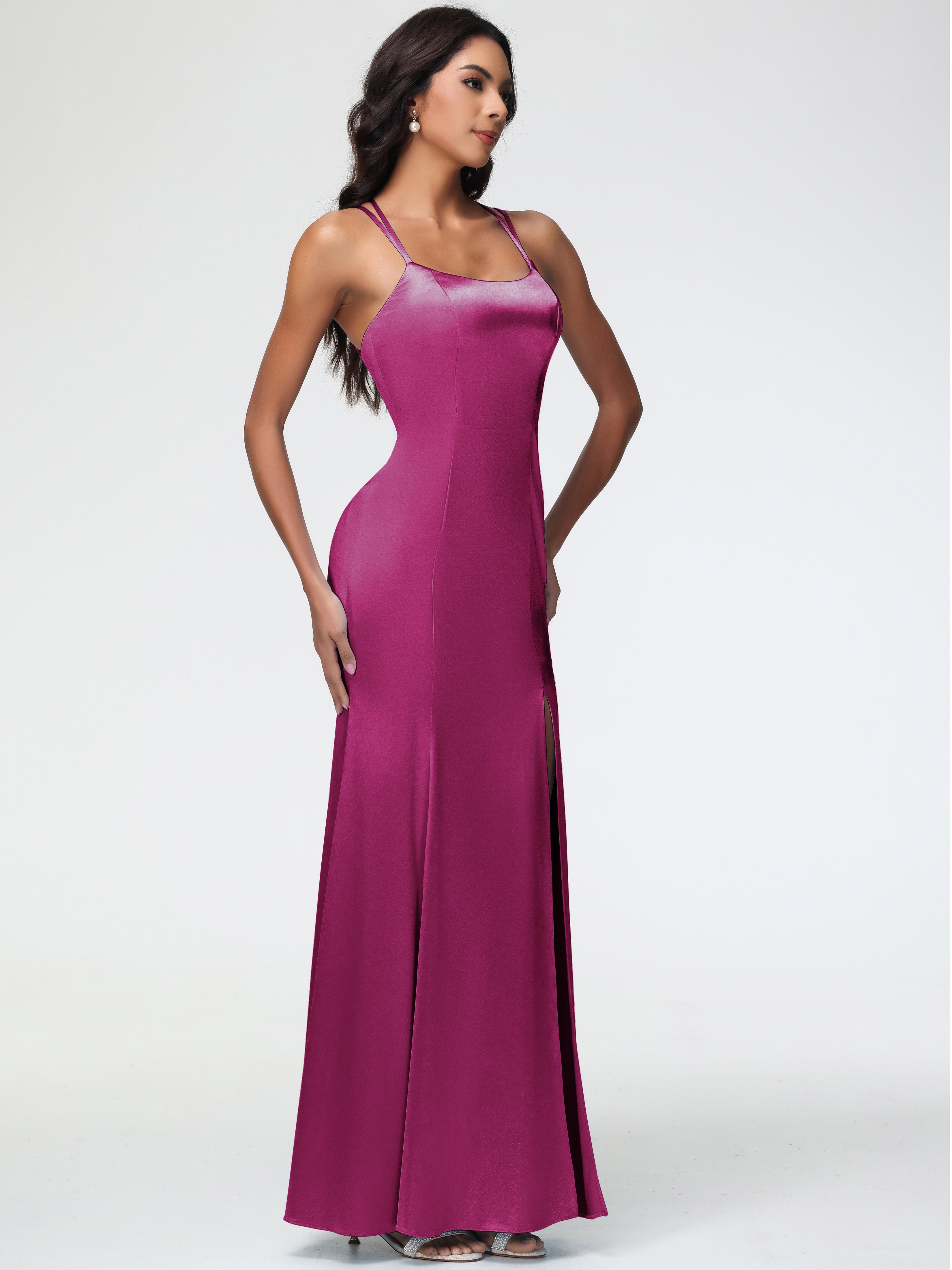 Robe De Demoiselle D Honneur Fuchsia Col Bénitier Fendue Fourreau/Colonne Satin Extensible Robe De Demoiselle D'Honneur