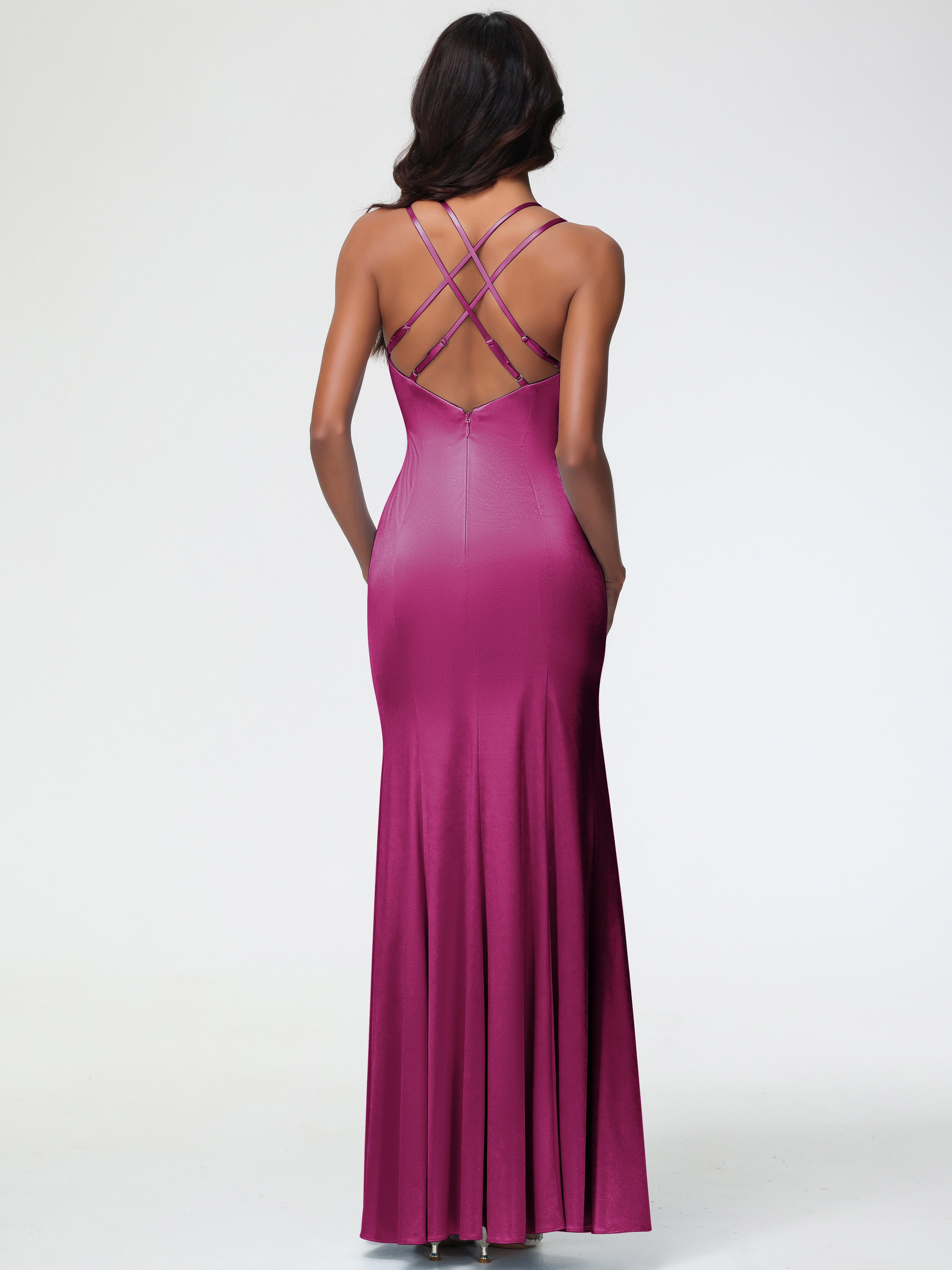 Robe De Demoiselle D Honneur Fuchsia Col Bénitier Fendue Fourreau/Colonne Satin Extensible Robe De Demoiselle D'Honneur