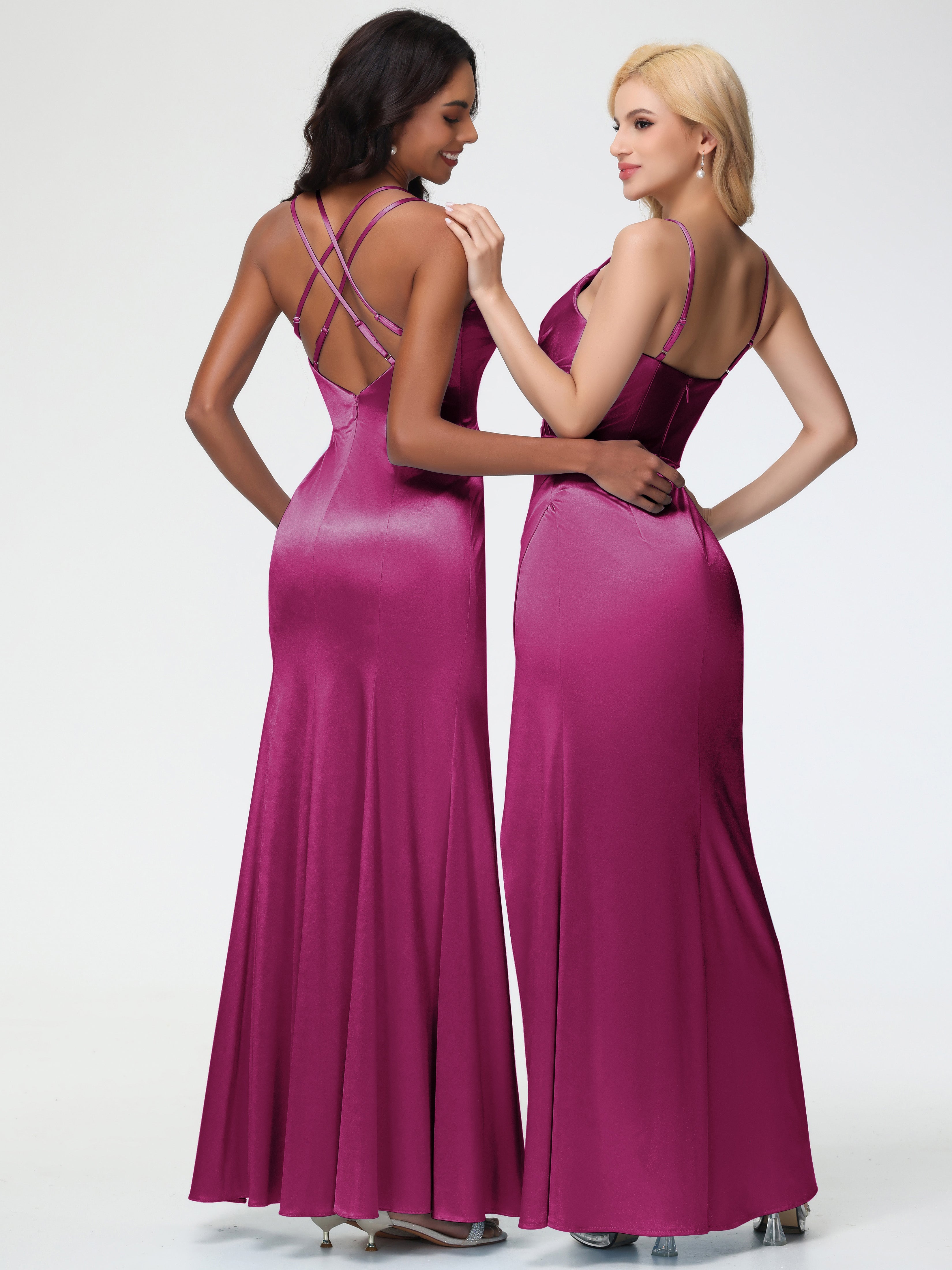 Robe De Demoiselle D Honneur Fuchsia Col Bénitier Fendue Fourreau/Colonne Satin Extensible Robe De Demoiselle D'Honneur