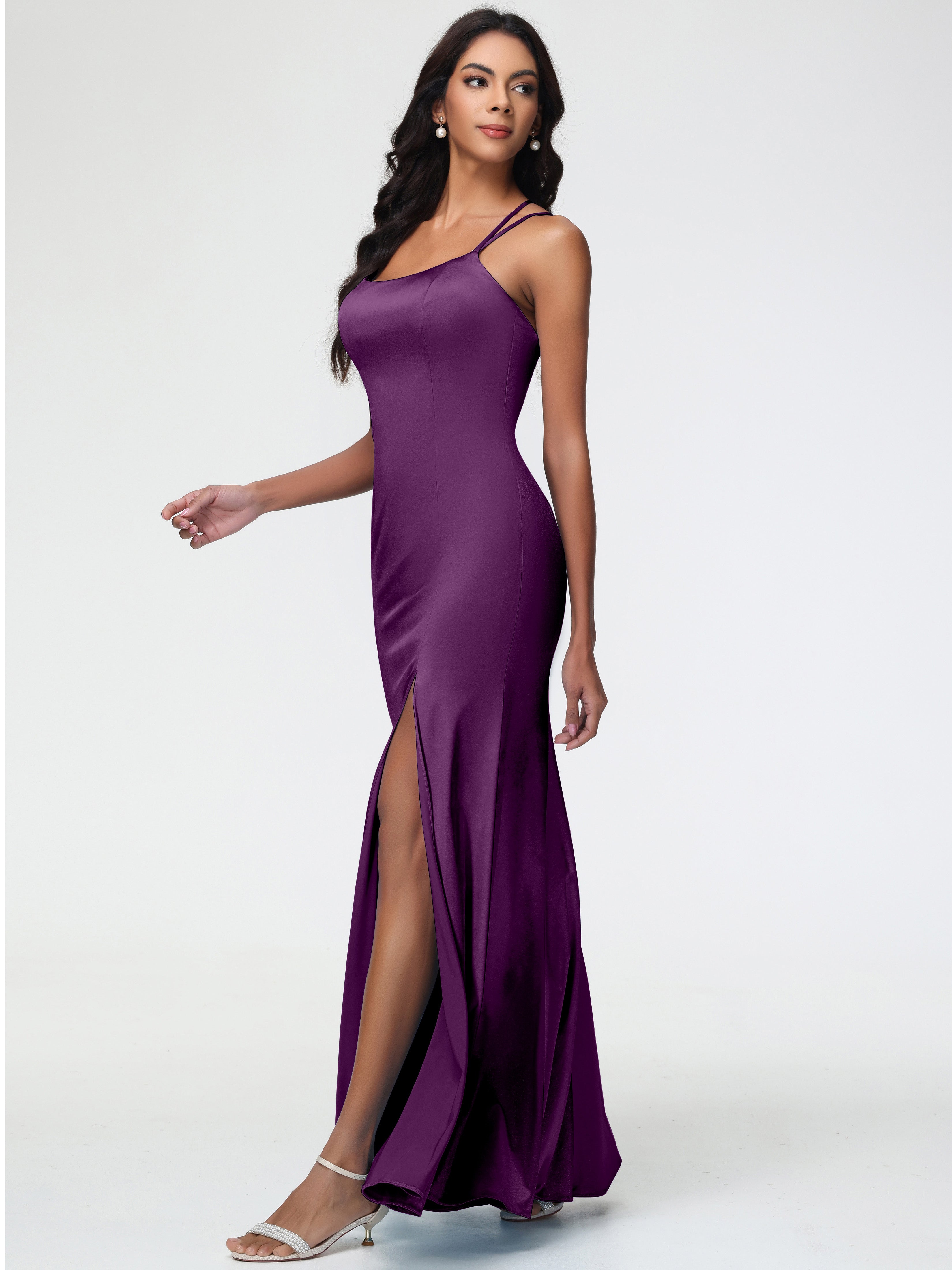 Robes De Demoiselle D'Honneur En Raisin Col Bénitier Fendue Fourreau/Colonne Satin Extensible Robe De Demoiselle D'Honneur