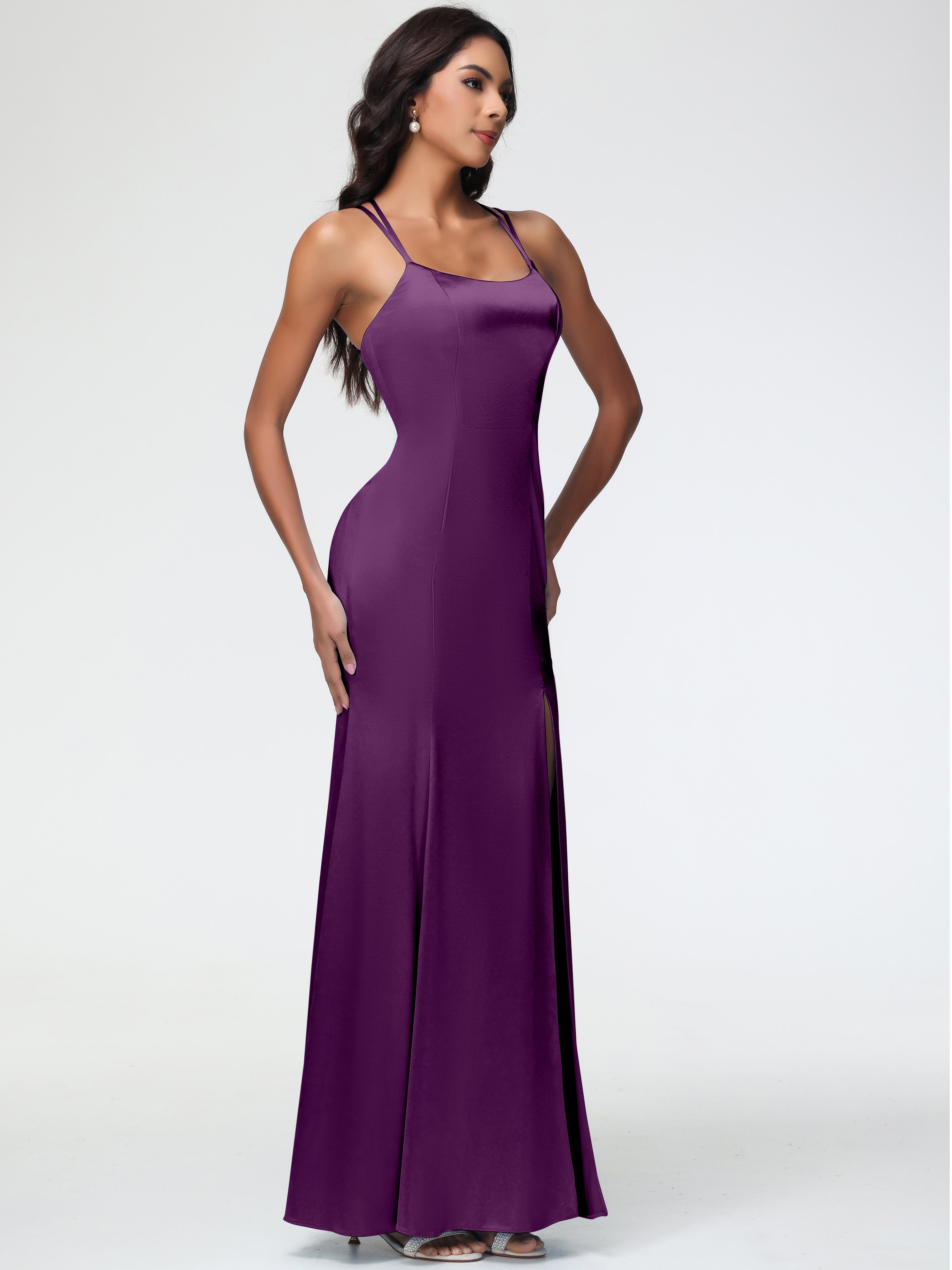 Robes De Demoiselle D'Honneur En Raisin Col Bénitier Fendue Fourreau/Colonne Satin Extensible Robe De Demoiselle D'Honneur