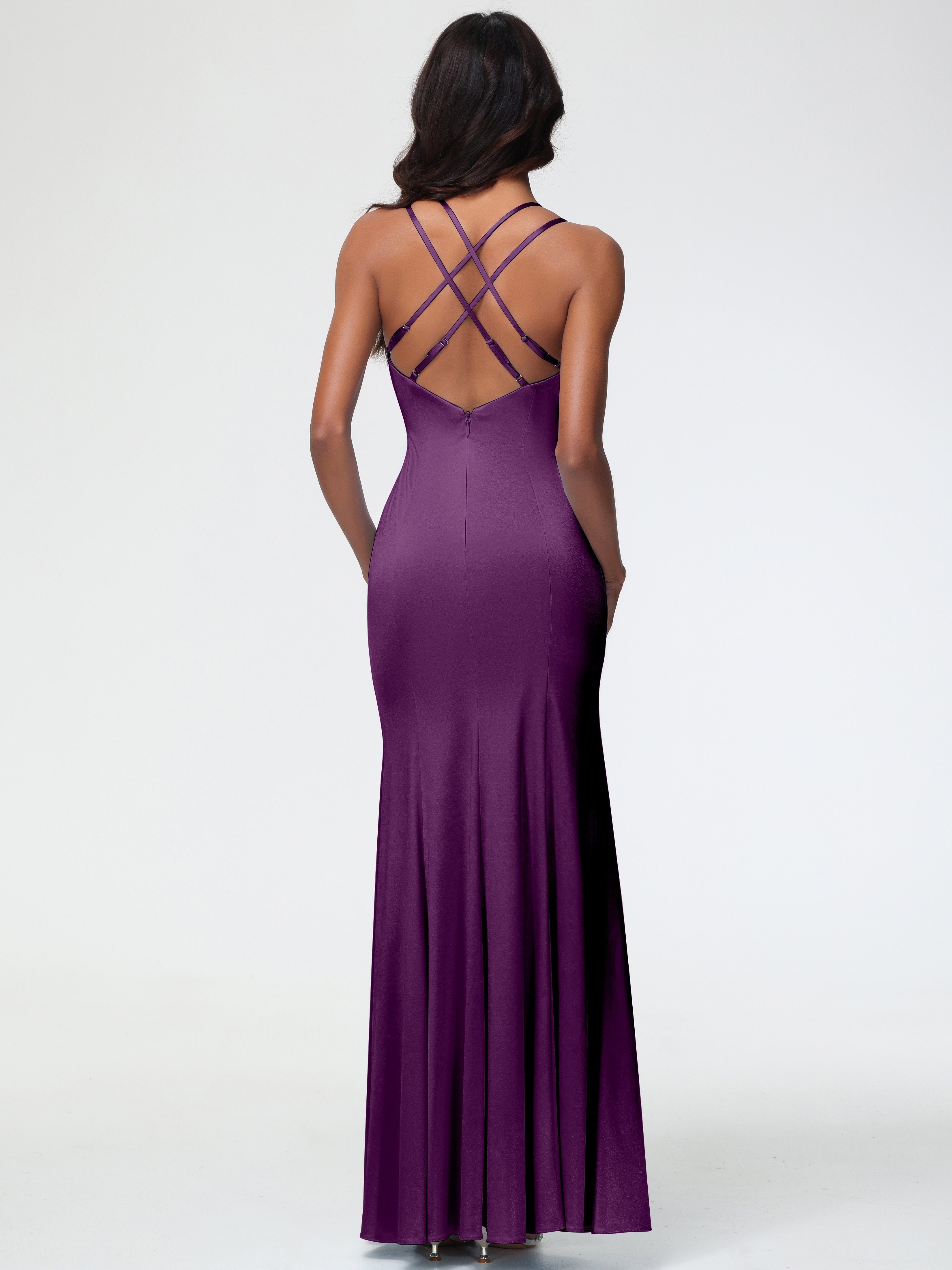 Robes De Demoiselle D'Honneur En Raisin Col Bénitier Fendue Fourreau/Colonne Satin Extensible Robe De Demoiselle D'Honneur