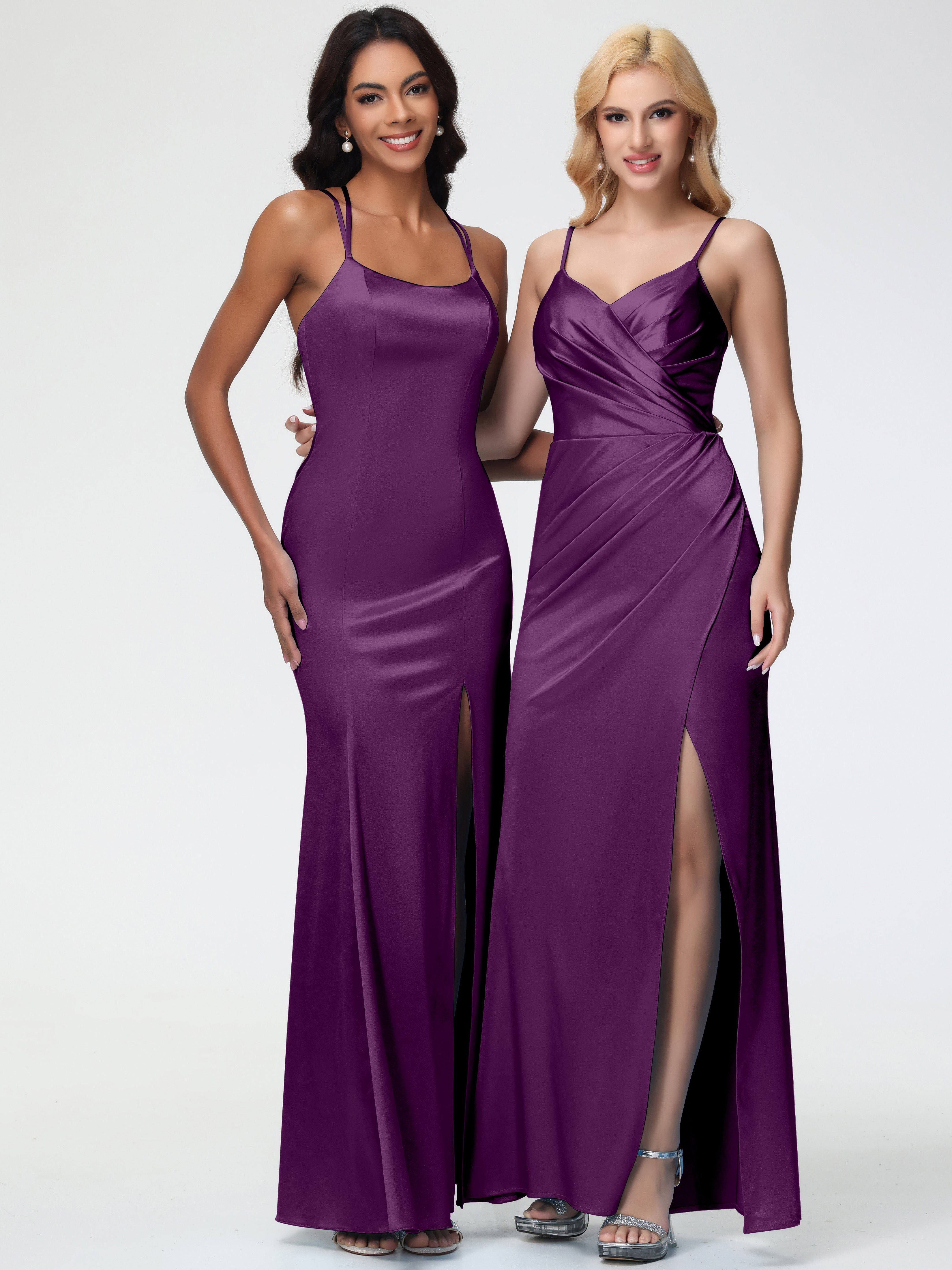 Robes De Demoiselle D'Honneur En Raisin Col Bénitier Fendue Fourreau/Colonne Satin Extensible Robe De Demoiselle D'Honneur