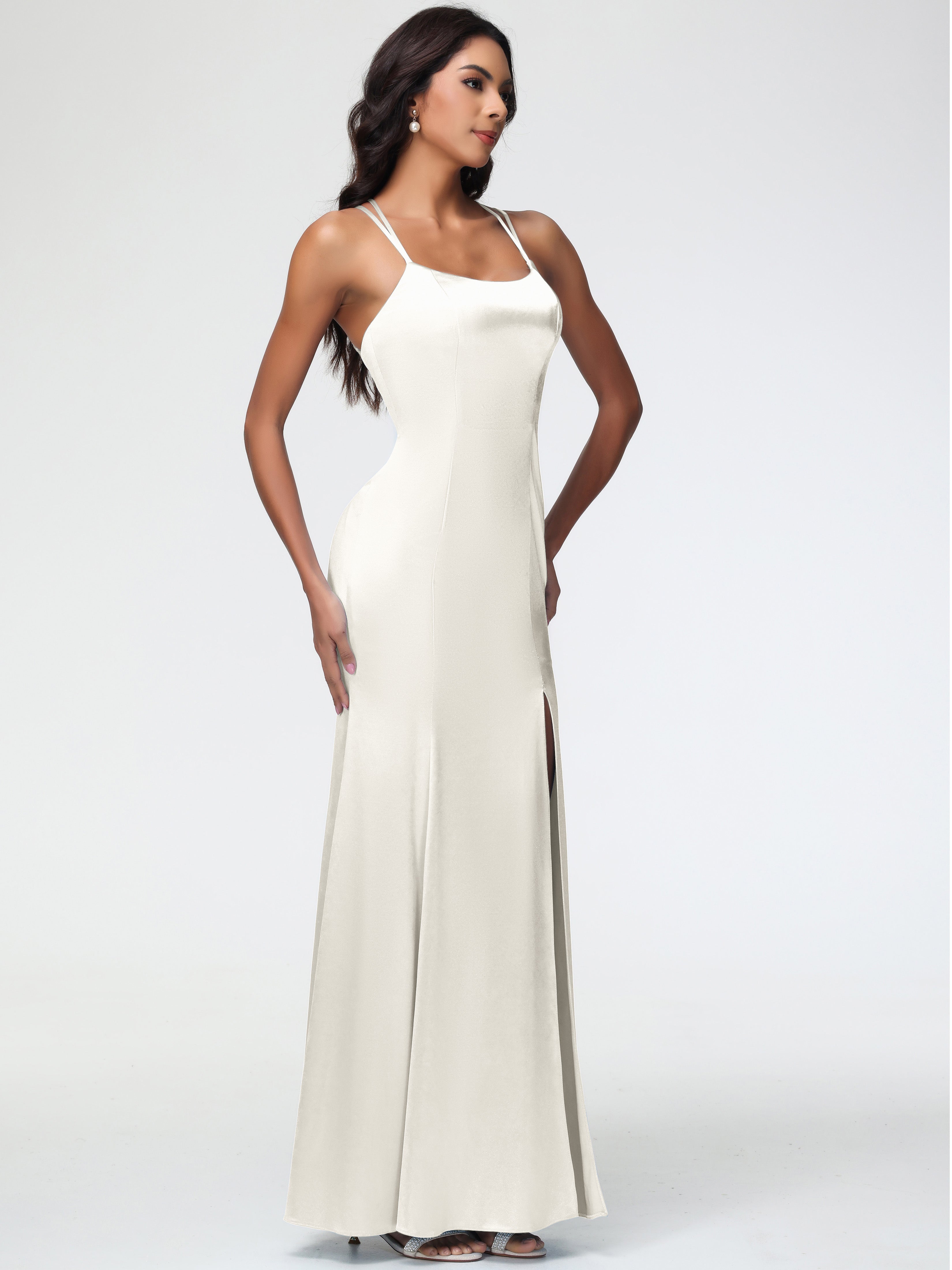 Robe Demoiselle D Honneur Ivoire Col Bénitier Fendue Fourreau/Colonne Satin Extensible Robe De Demoiselle D'Honneur
