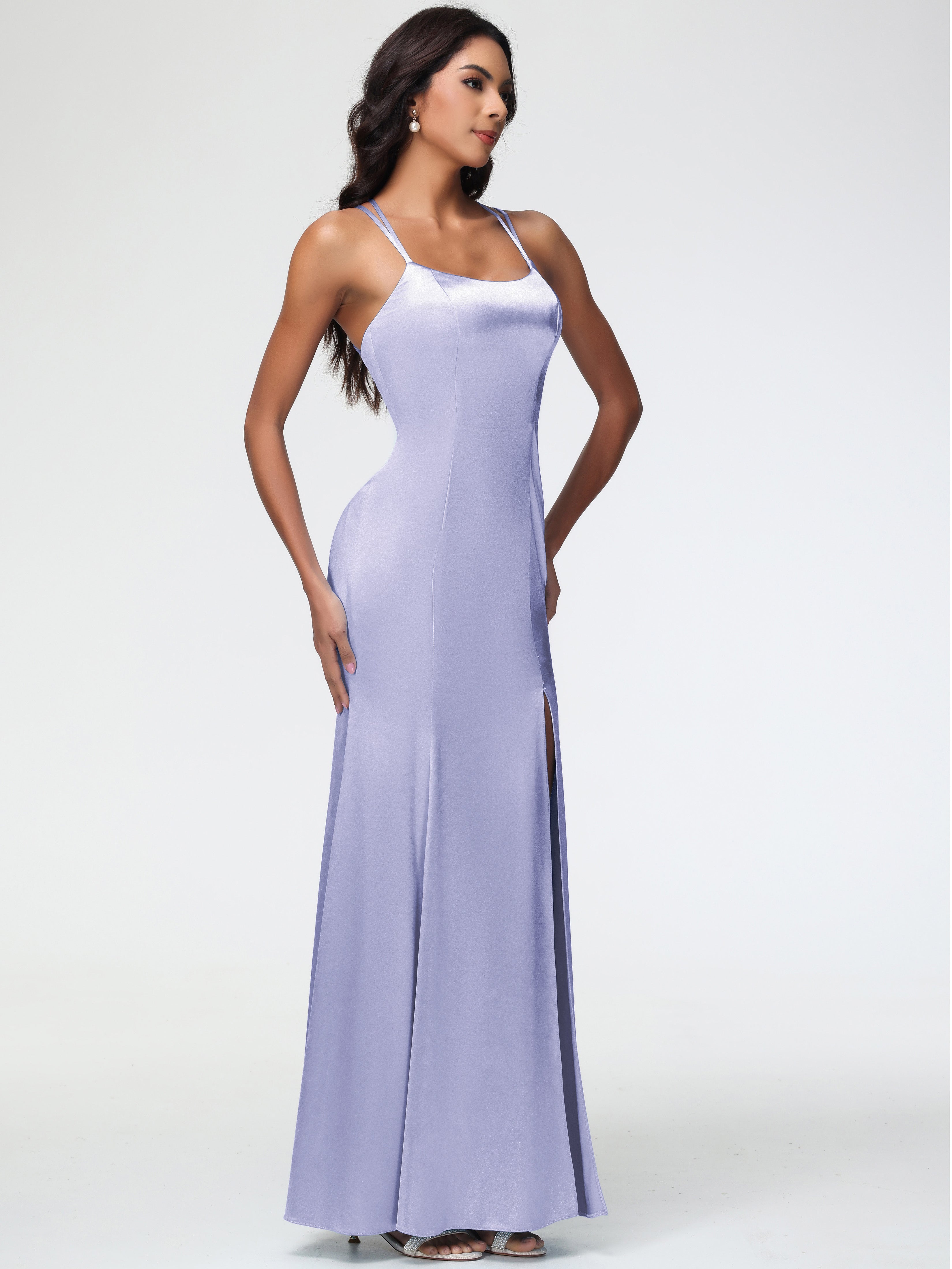 Robe De Demoiselle D'Honneur Lavande Col Bénitier Fendue Fourreau/Colonne Satin Extensible Robe De Demoiselle D'Honneur