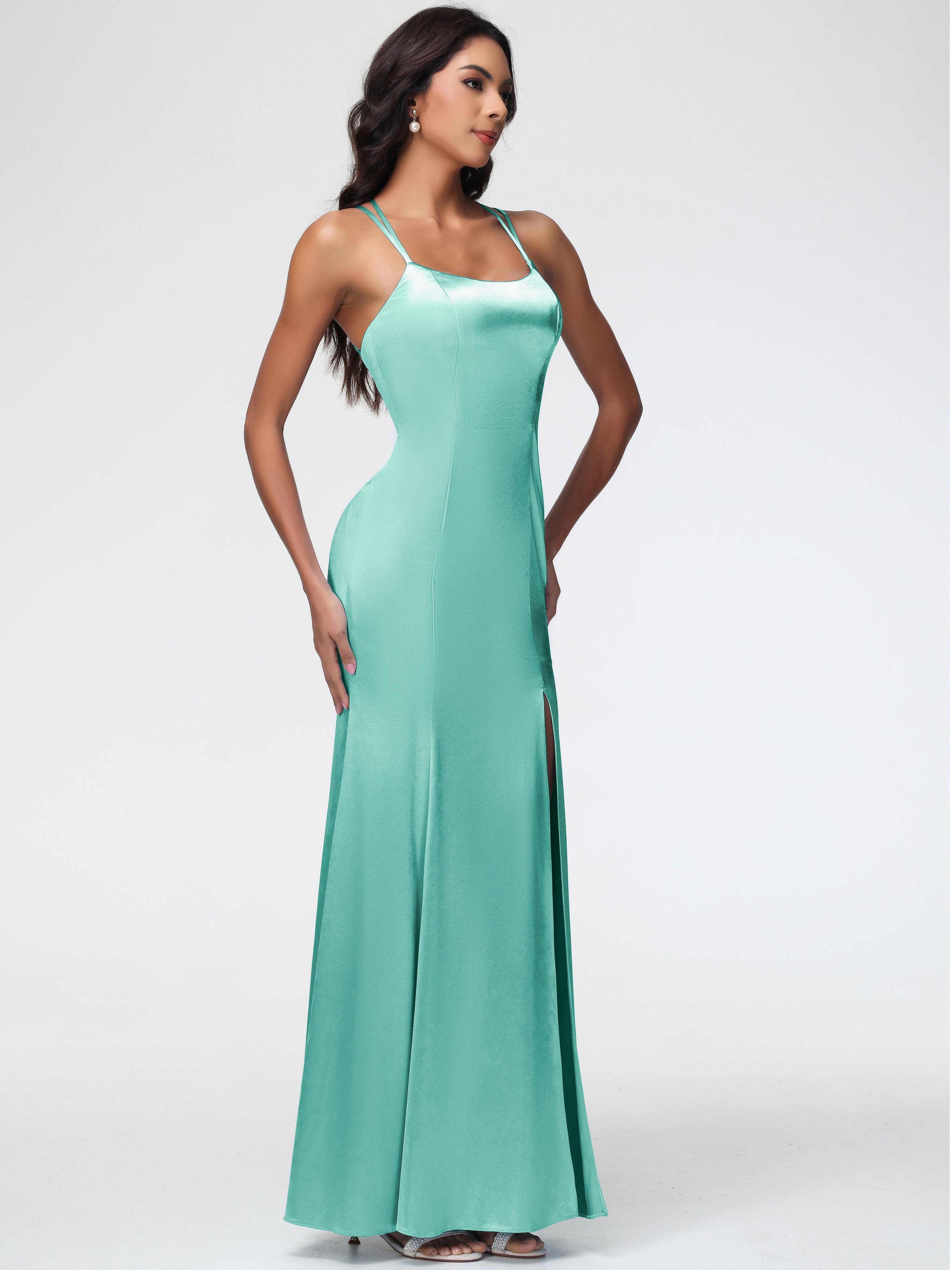 Robe Vert Menthe Demoiselle D Honneur Col Bénitier Fendue Satin Extensible Robe De Demoiselle D'Honneur