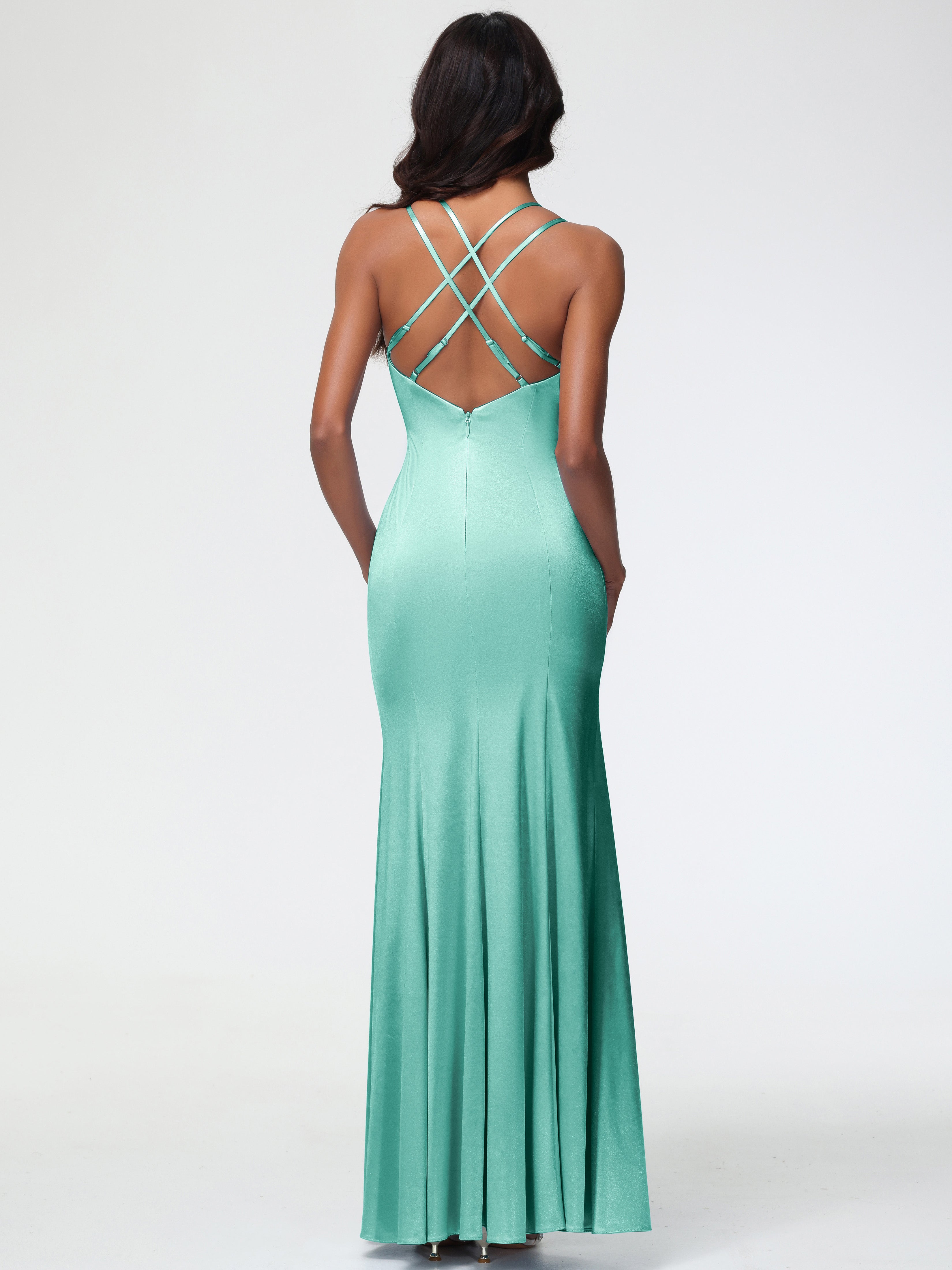 Robe Vert Menthe Demoiselle D Honneur Col Bénitier Fendue Satin Extensible Robe De Demoiselle D'Honneur