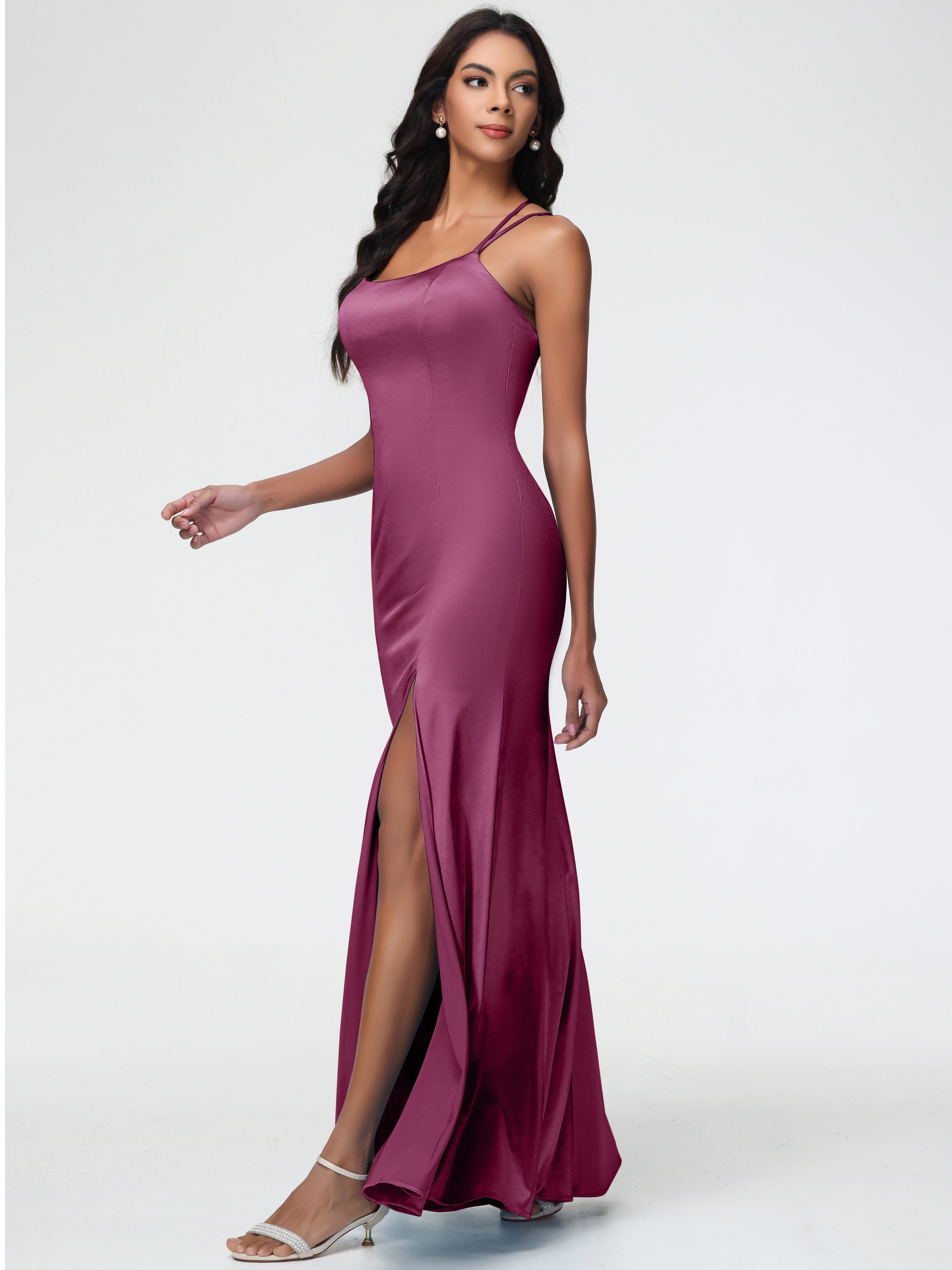 Robes De Demoiselle D'Honneur Mure Col Bénitier Fendue Fourreau/Colonne Satin Extensible Robe De Demoiselle D'Honneur