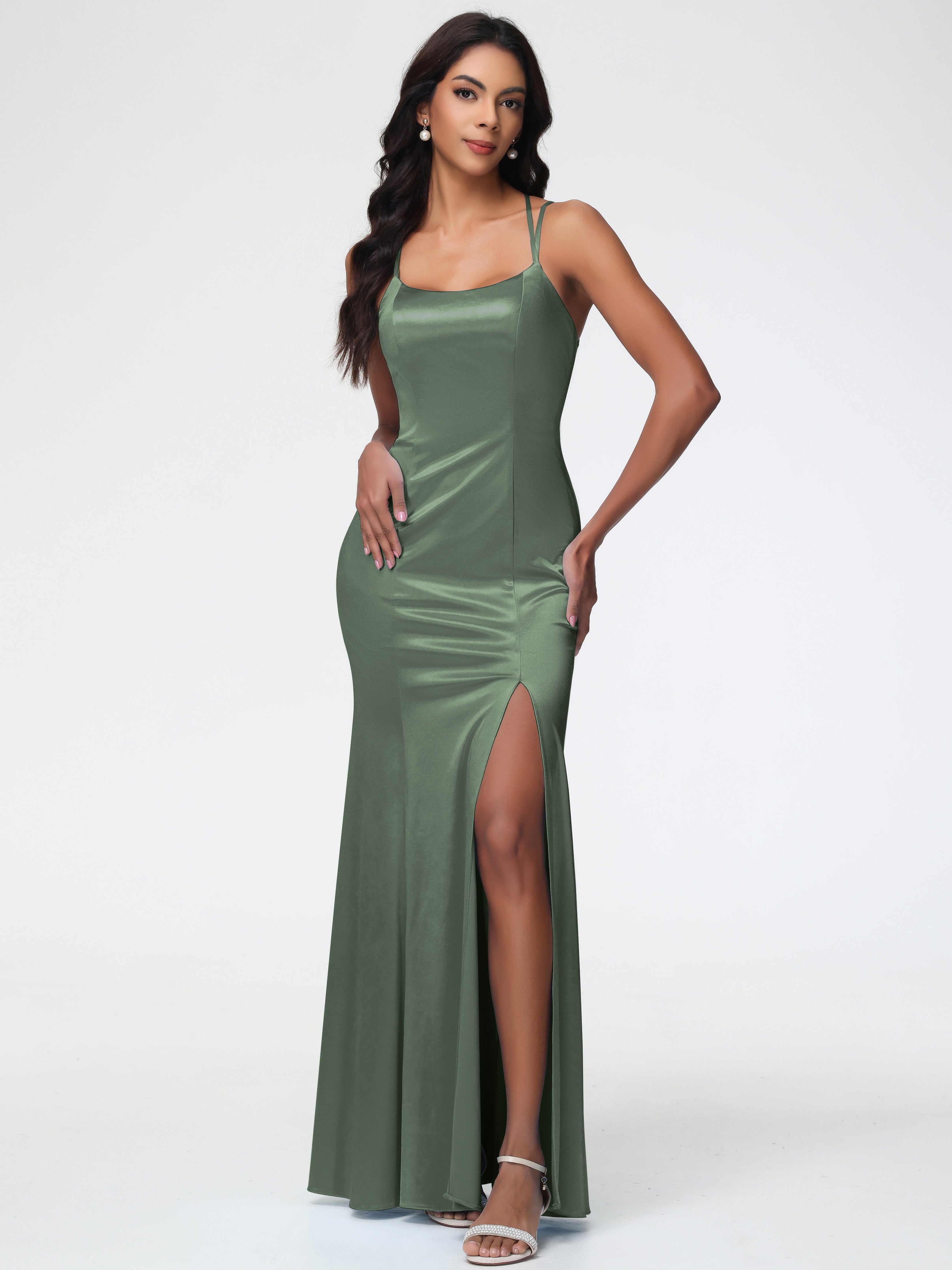 Robe Demoiselle D Honneur Olive Col Bénitier Fendue Satin Extensible Robe De Demoiselle D'Honneur