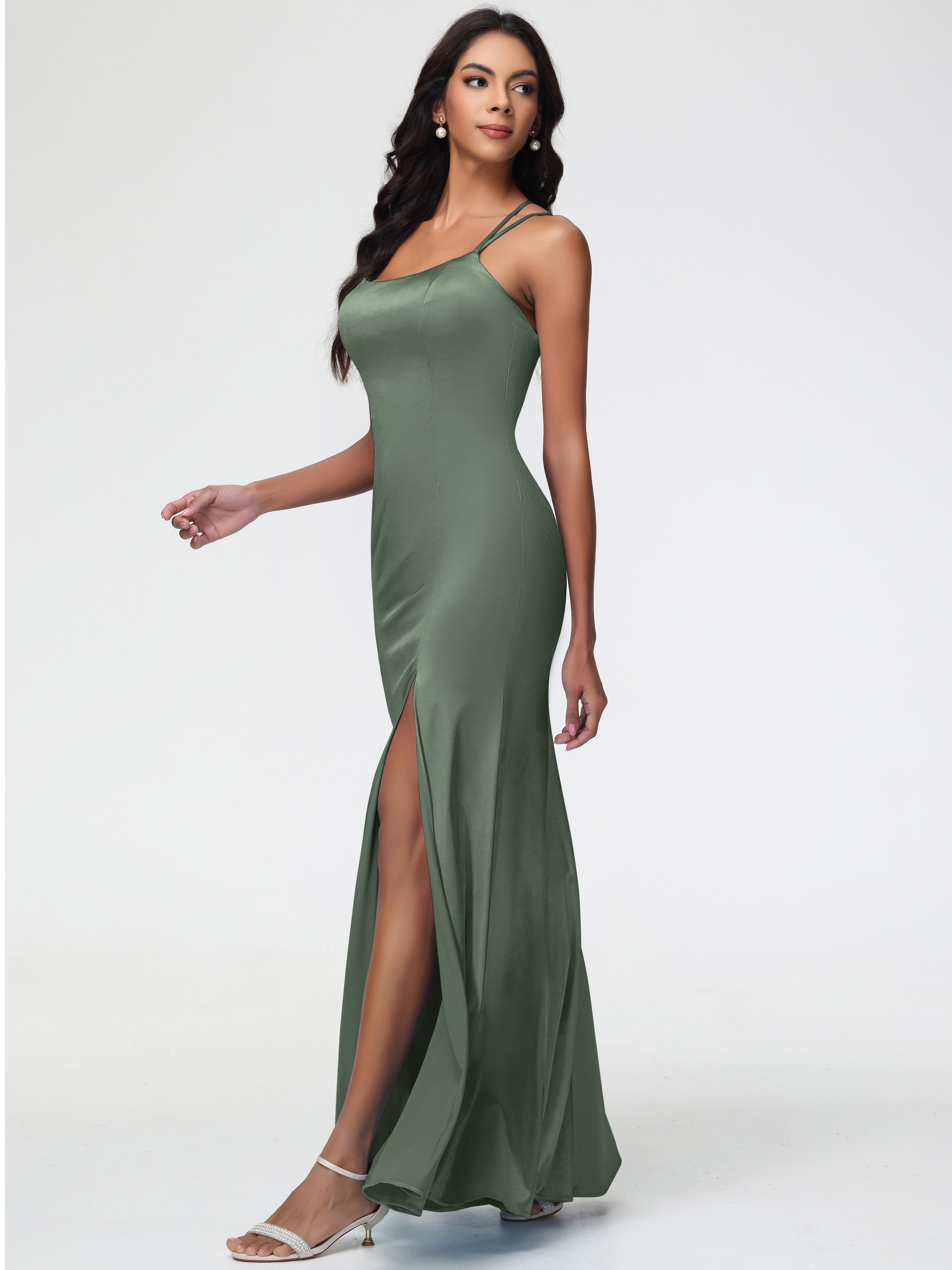 Robe Demoiselle D Honneur Olive Col Bénitier Fendue Satin Extensible Robe De Demoiselle D'Honneur