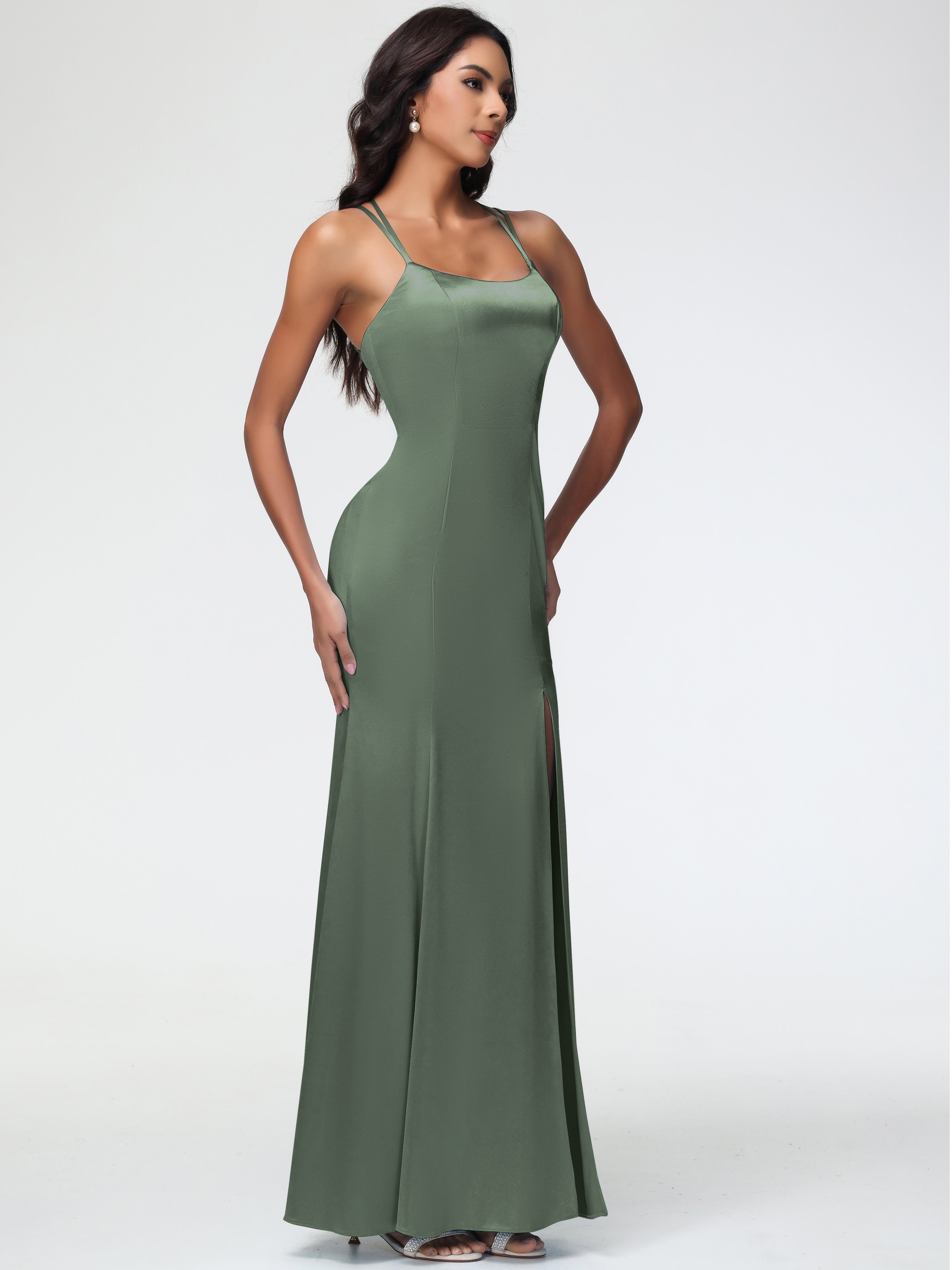 Robe Demoiselle D Honneur Olive Col Bénitier Fendue Satin Extensible Robe De Demoiselle D'Honneur