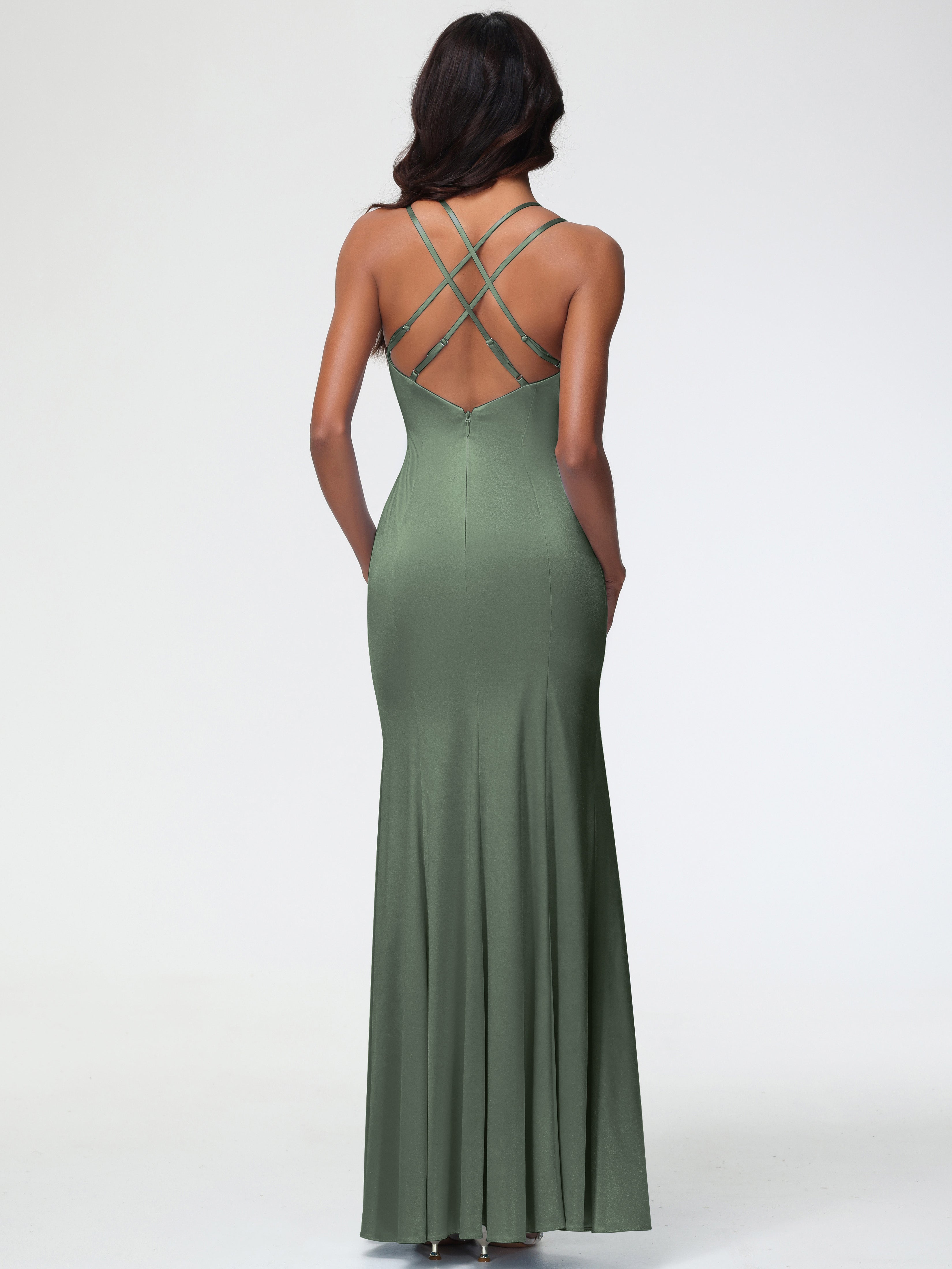 Robe Demoiselle D Honneur Olive Col Bénitier Fendue Satin Extensible Robe De Demoiselle D'Honneur