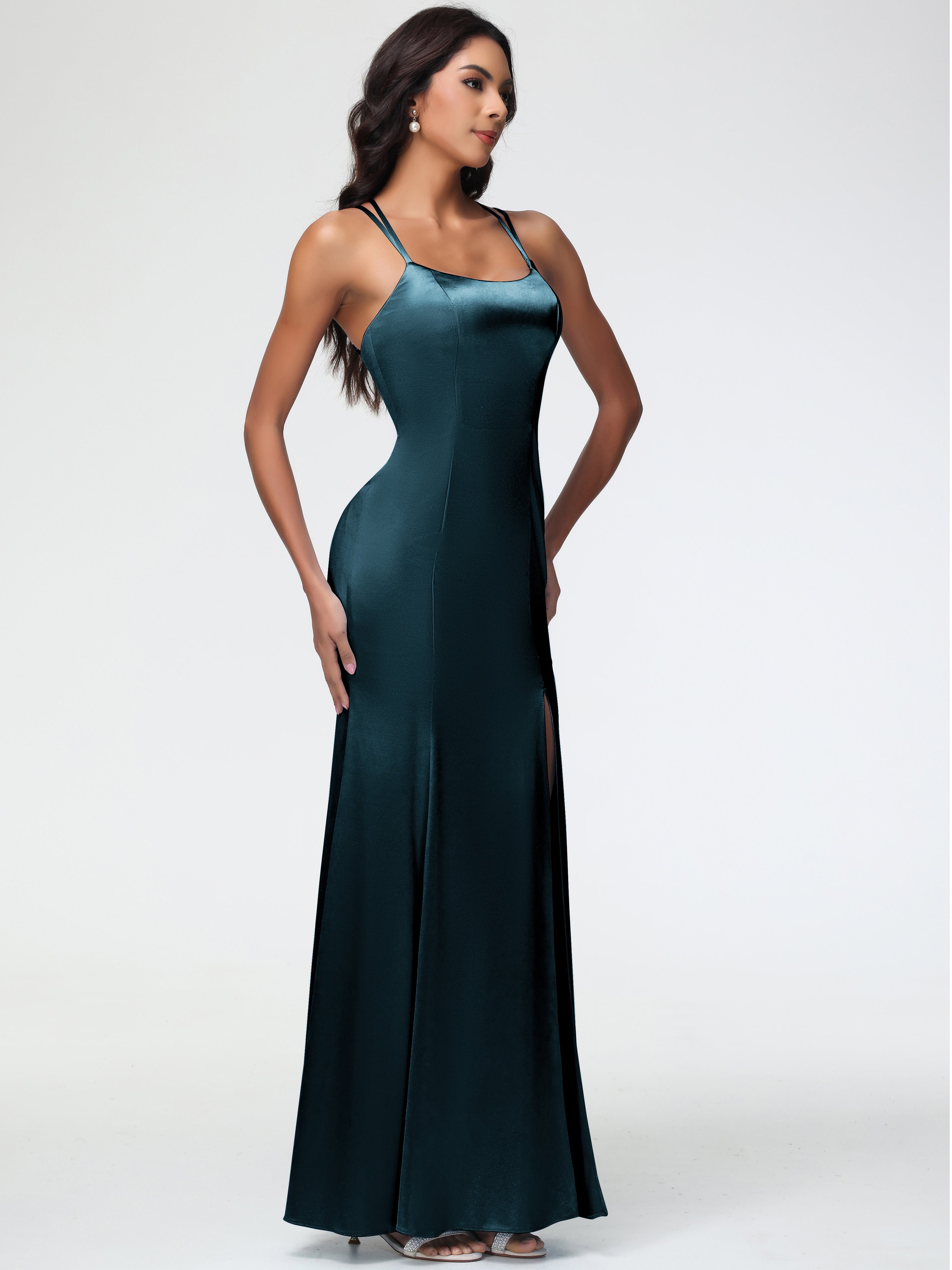 Robes De Demoiselle D'Honneur Bleu Paon Col Bénitier Fendue Fourreau/Colonne Satin Extensible Robe De Demoiselle D'Honneur