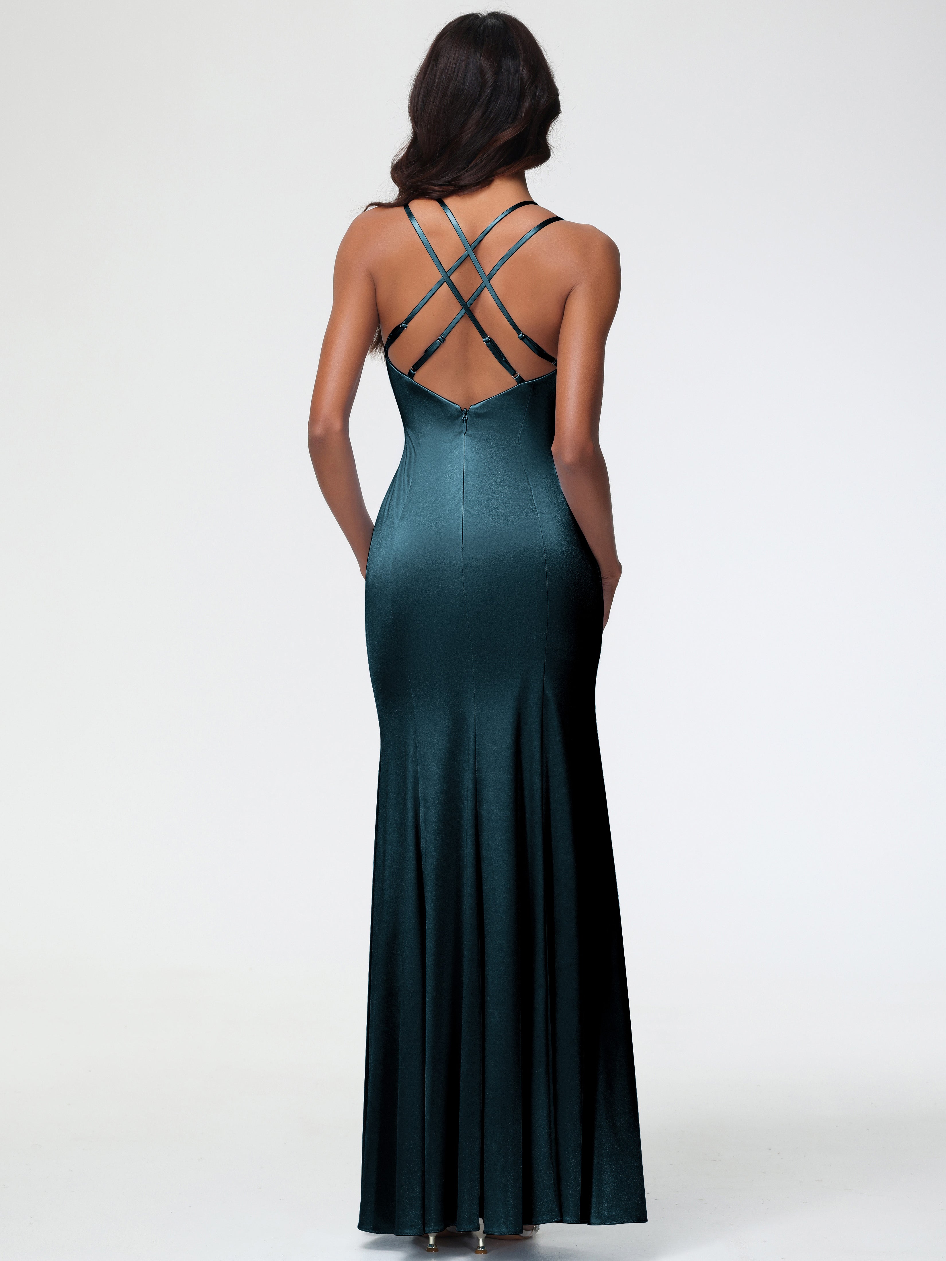 Robes De Demoiselle D'Honneur Bleu Paon Col Bénitier Fendue Fourreau/Colonne Satin Extensible Robe De Demoiselle D'Honneur