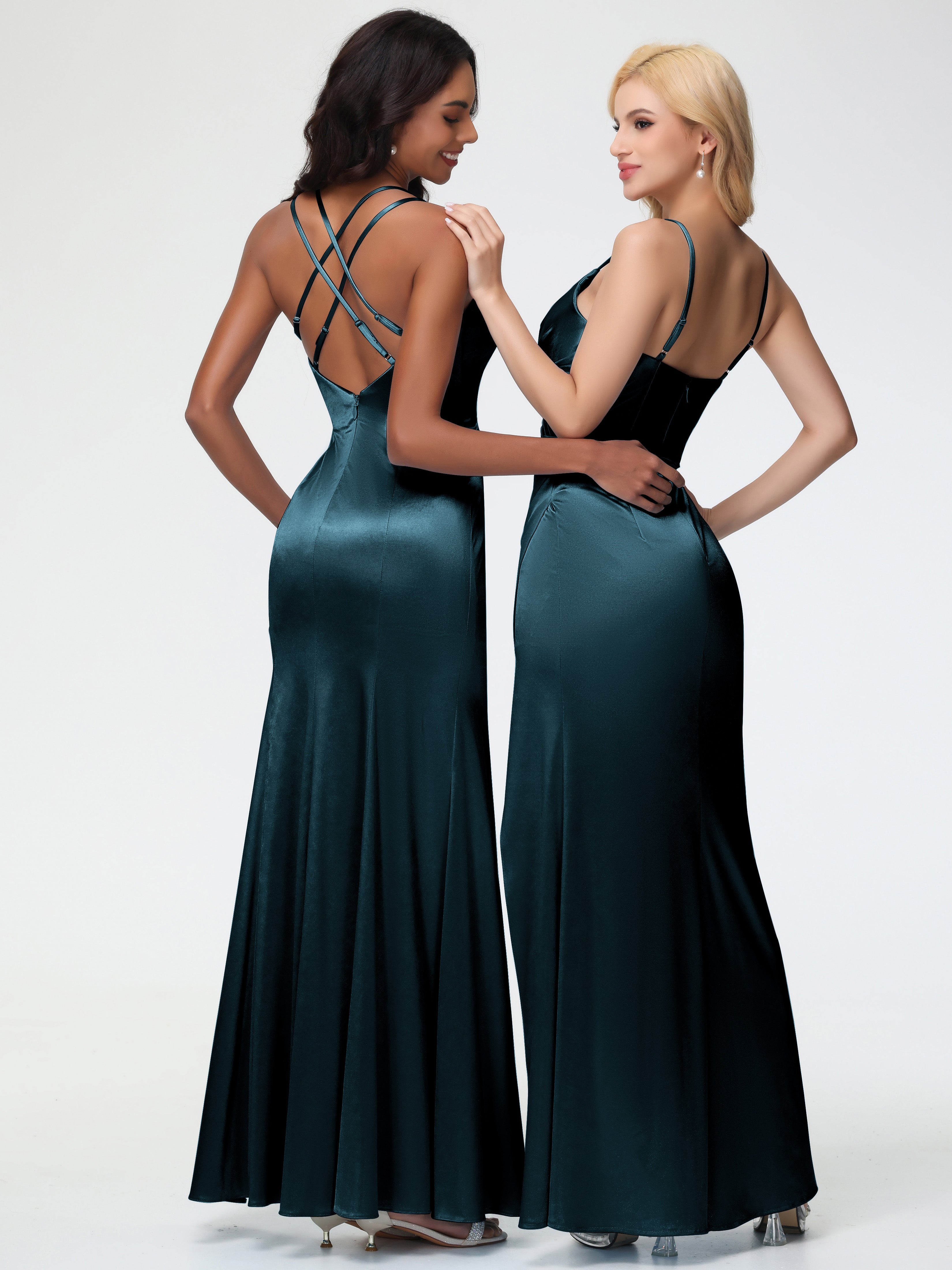 Robes De Demoiselle D'Honneur Bleu Paon Col Bénitier Fendue Fourreau/Colonne Satin Extensible Robe De Demoiselle D'Honneur