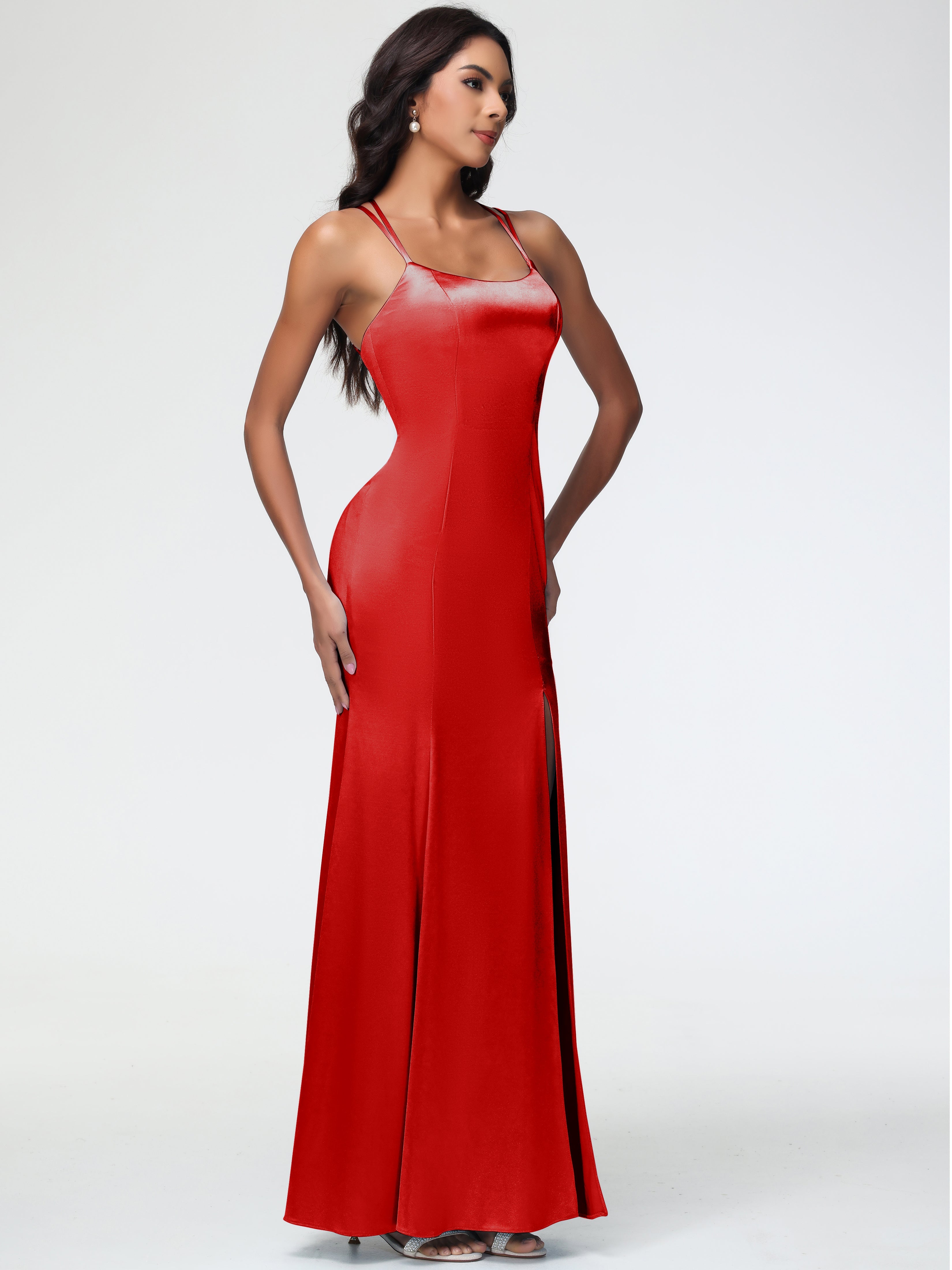 Robe Rouge De Demoiselle D Honneur Col Bénitier Fendue Fourreau/Colonne Satin Extensible Robe De Demoiselle D'Honneur