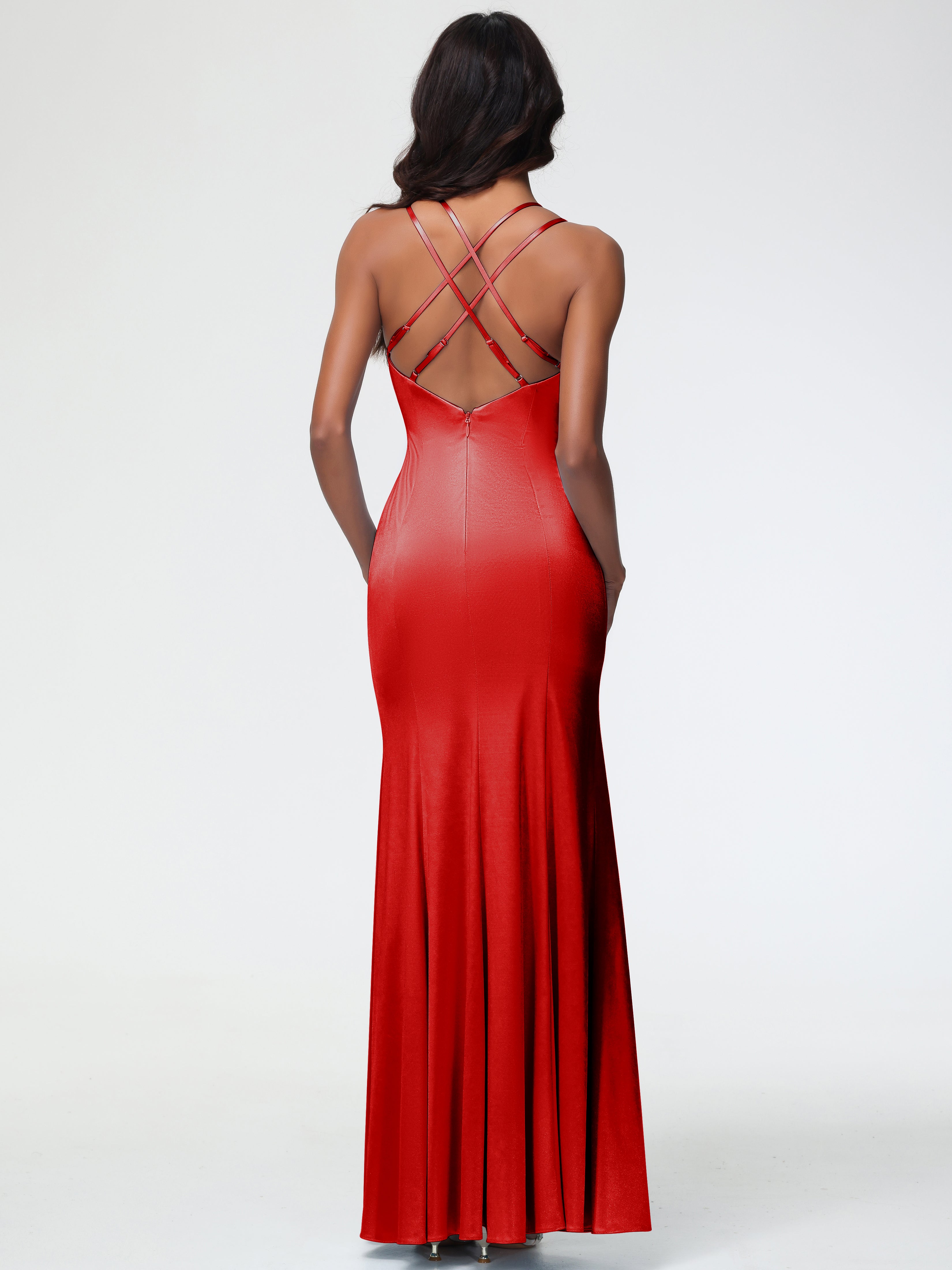 Robe Rouge De Demoiselle D Honneur Col Bénitier Fendue Fourreau/Colonne Satin Extensible Robe De Demoiselle D'Honneur