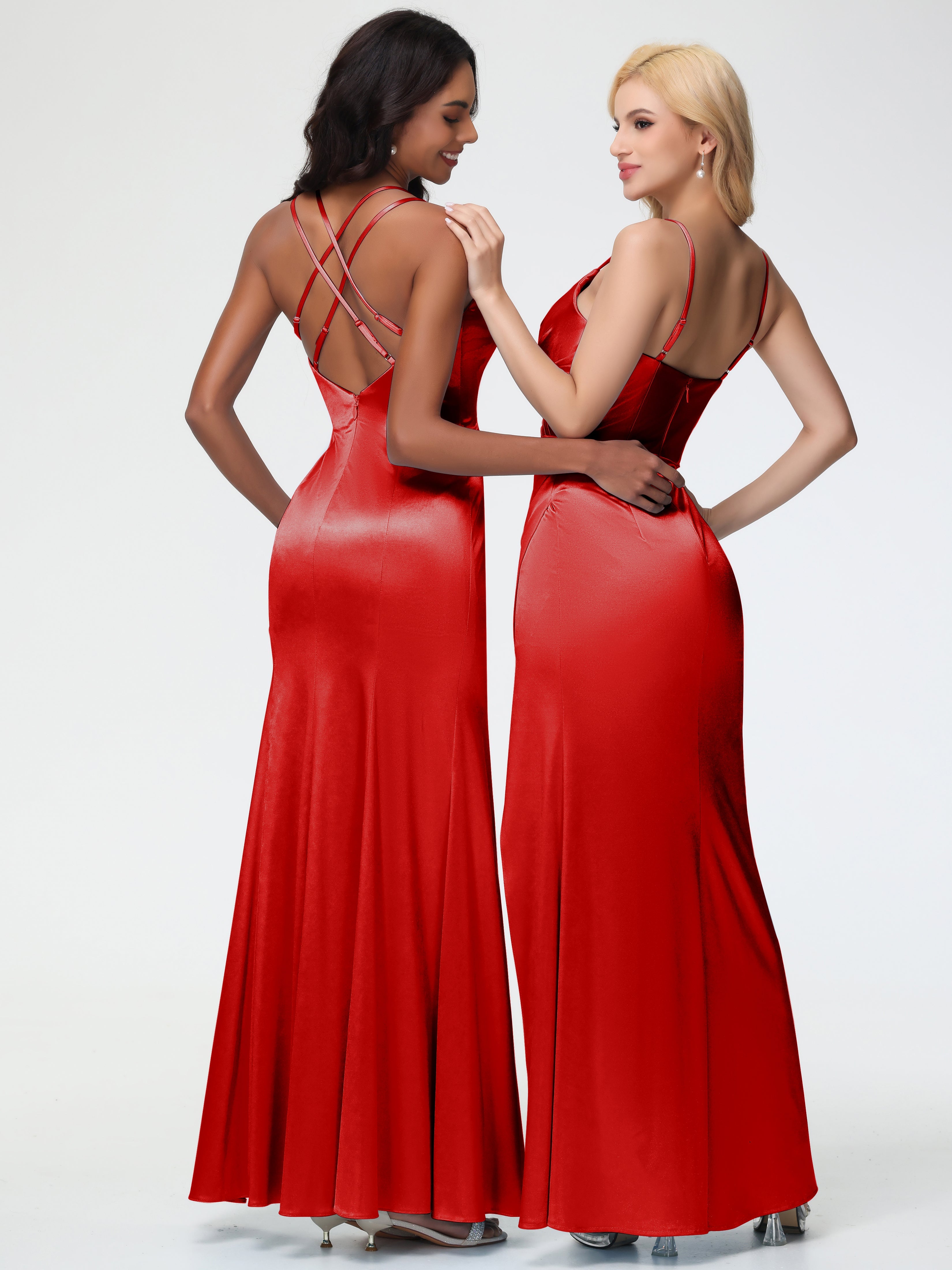 Robe Rouge De Demoiselle D Honneur Col Bénitier Fendue Fourreau/Colonne Satin Extensible Robe De Demoiselle D'Honneur