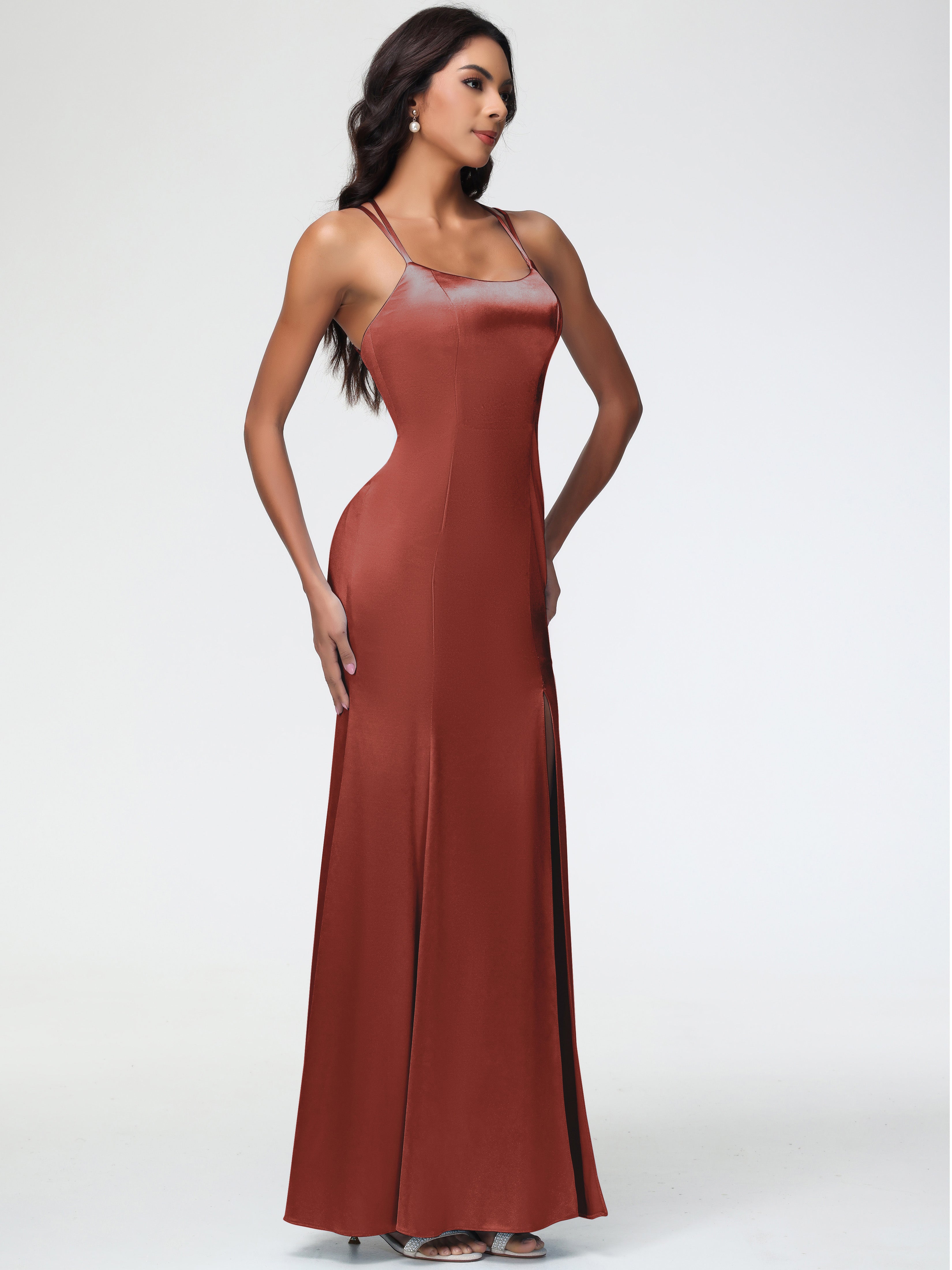 Robe Demoiselle D Honneur Rouille Col Bénitier Fendue Fourreau/Colonne Satin Extensible Robe De Demoiselle D'Honneur