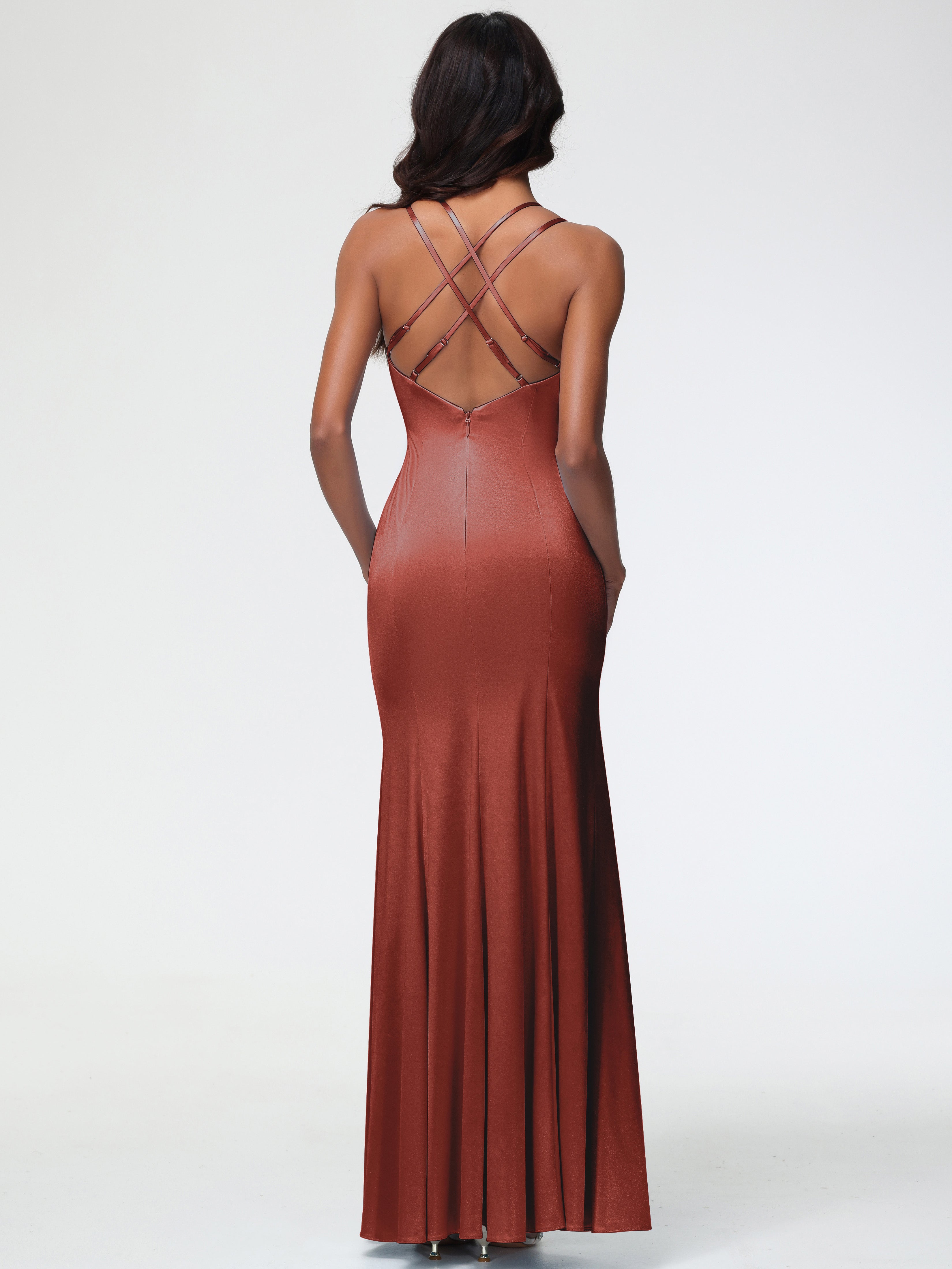 Robe Demoiselle D Honneur Rouille Col Bénitier Fendue Fourreau/Colonne Satin Extensible Robe De Demoiselle D'Honneur