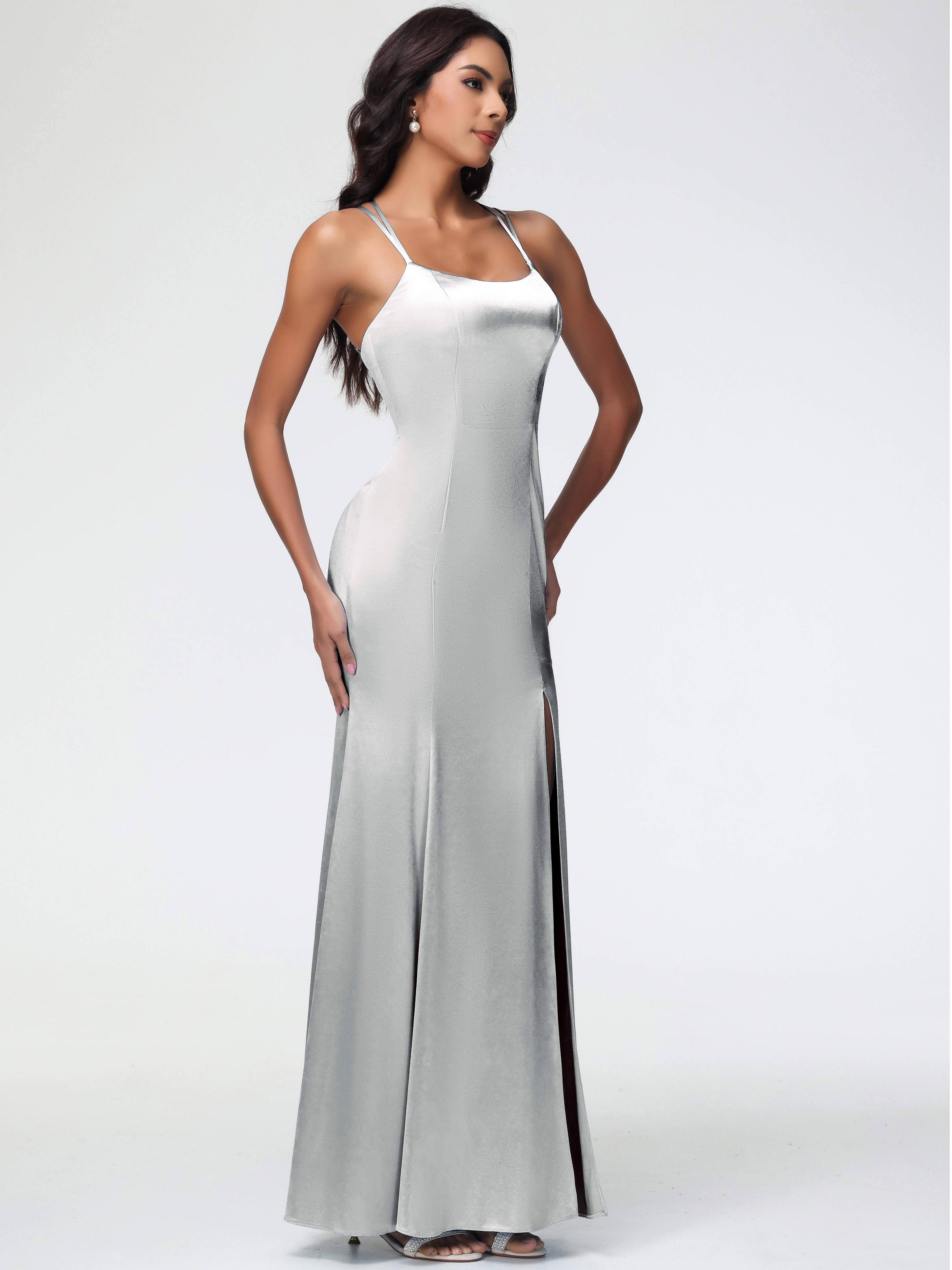 Robes De Demoiselle D'Honneur En Argent Col Bénitier Fendue Fourreau/Colonne Satin Extensible Robe De Demoiselle D'Honneur