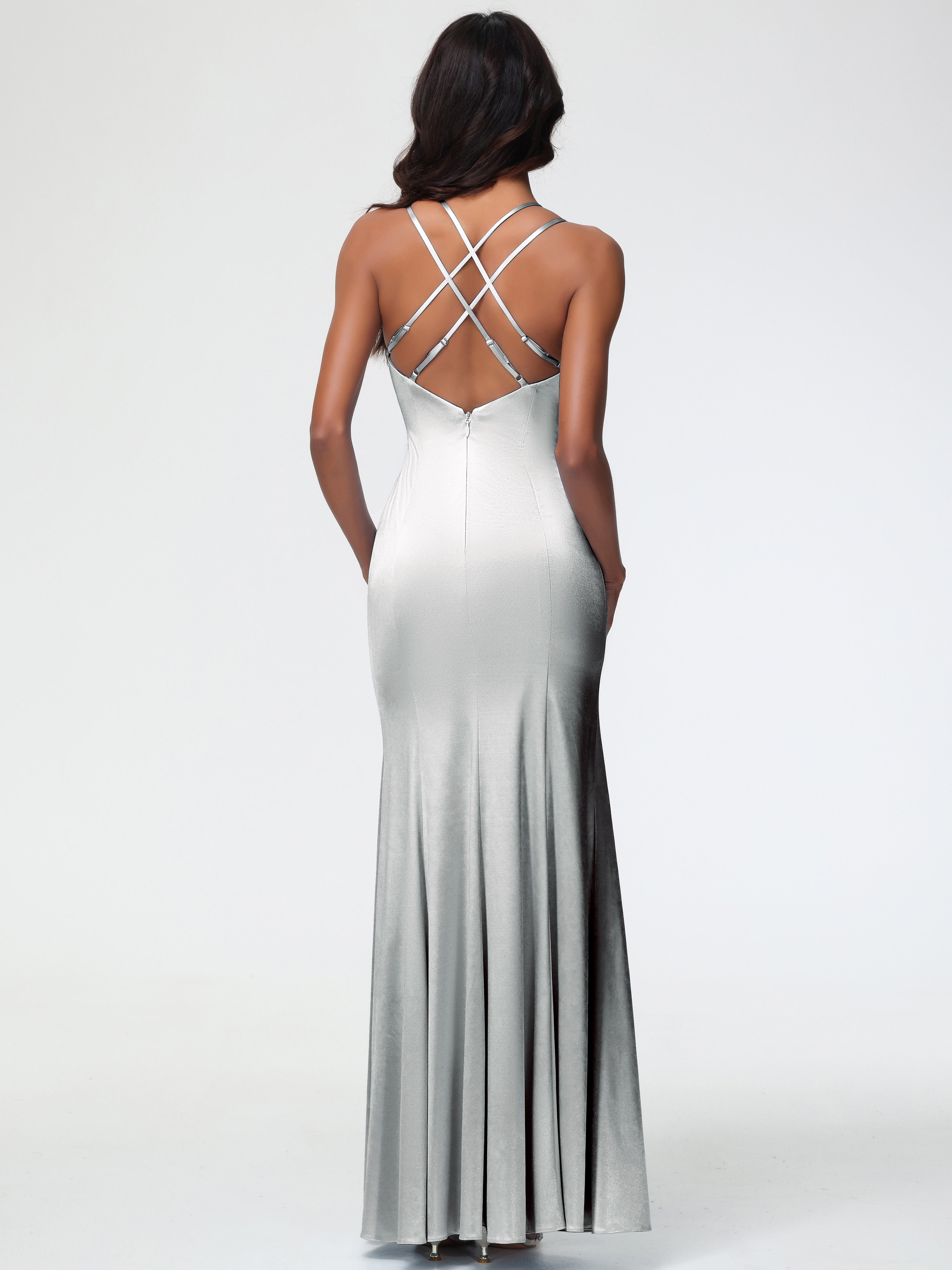 Robes De Demoiselle D'Honneur En Argent Col Bénitier Fendue Fourreau/Colonne Satin Extensible Robe De Demoiselle D'Honneur