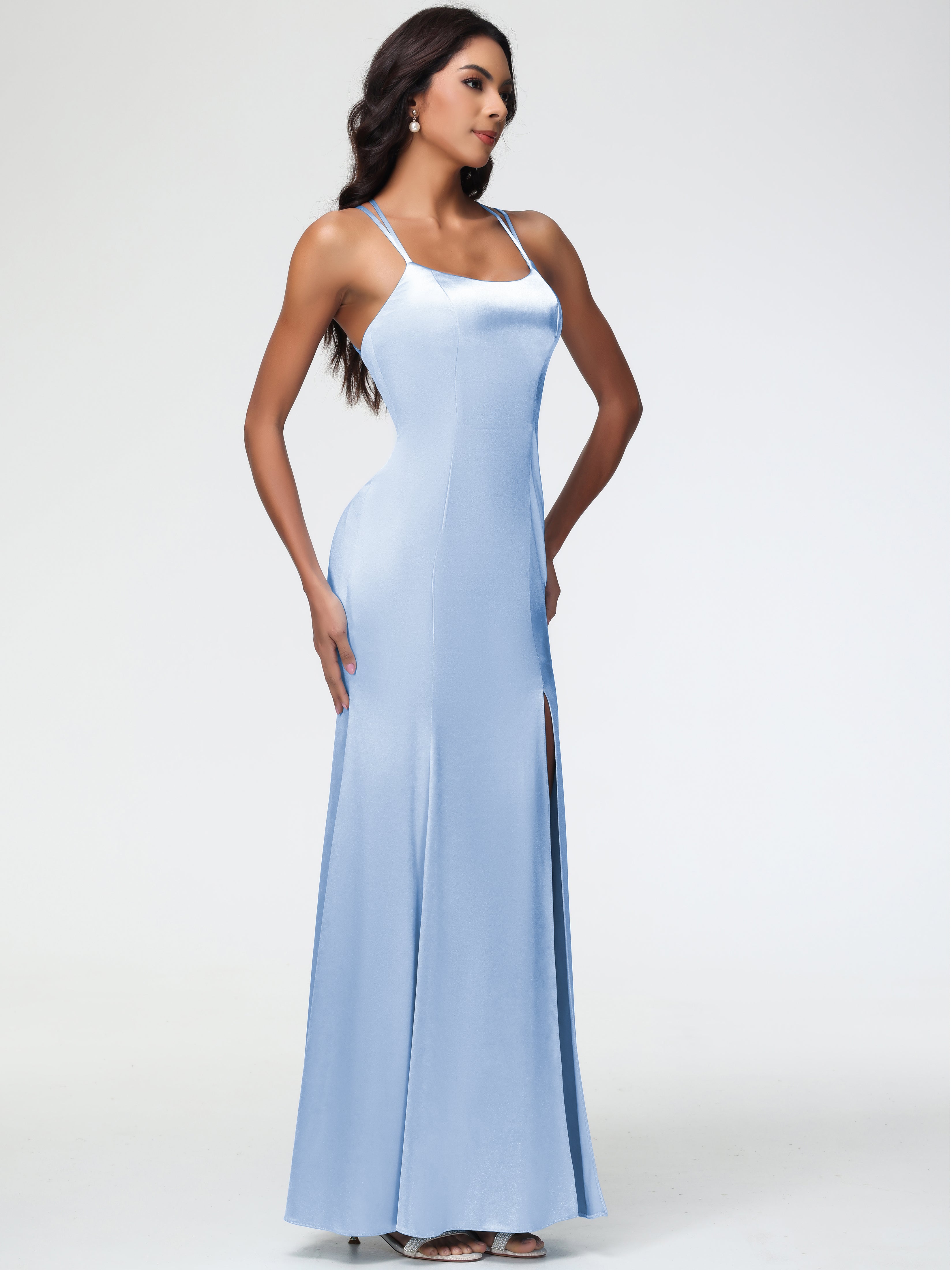 Robe De Demoiselle D Honneur Bleu Ciel Col Bénitier Fendue Fourreau/Colonne Satin Extensible Robe De Demoiselle D'Honneur